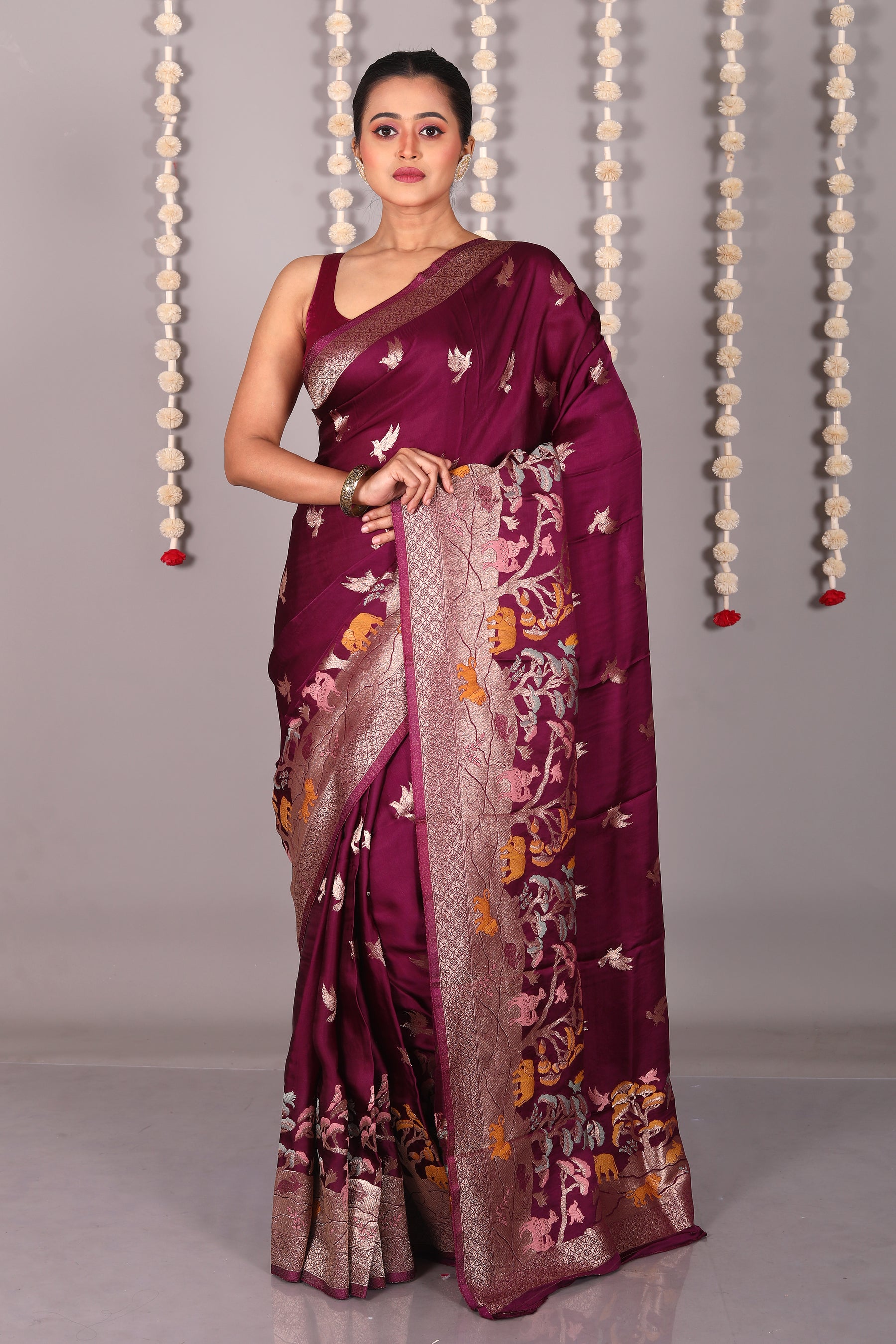 Wine Blended Satin Silk Saree - Keya Seth Exclusive