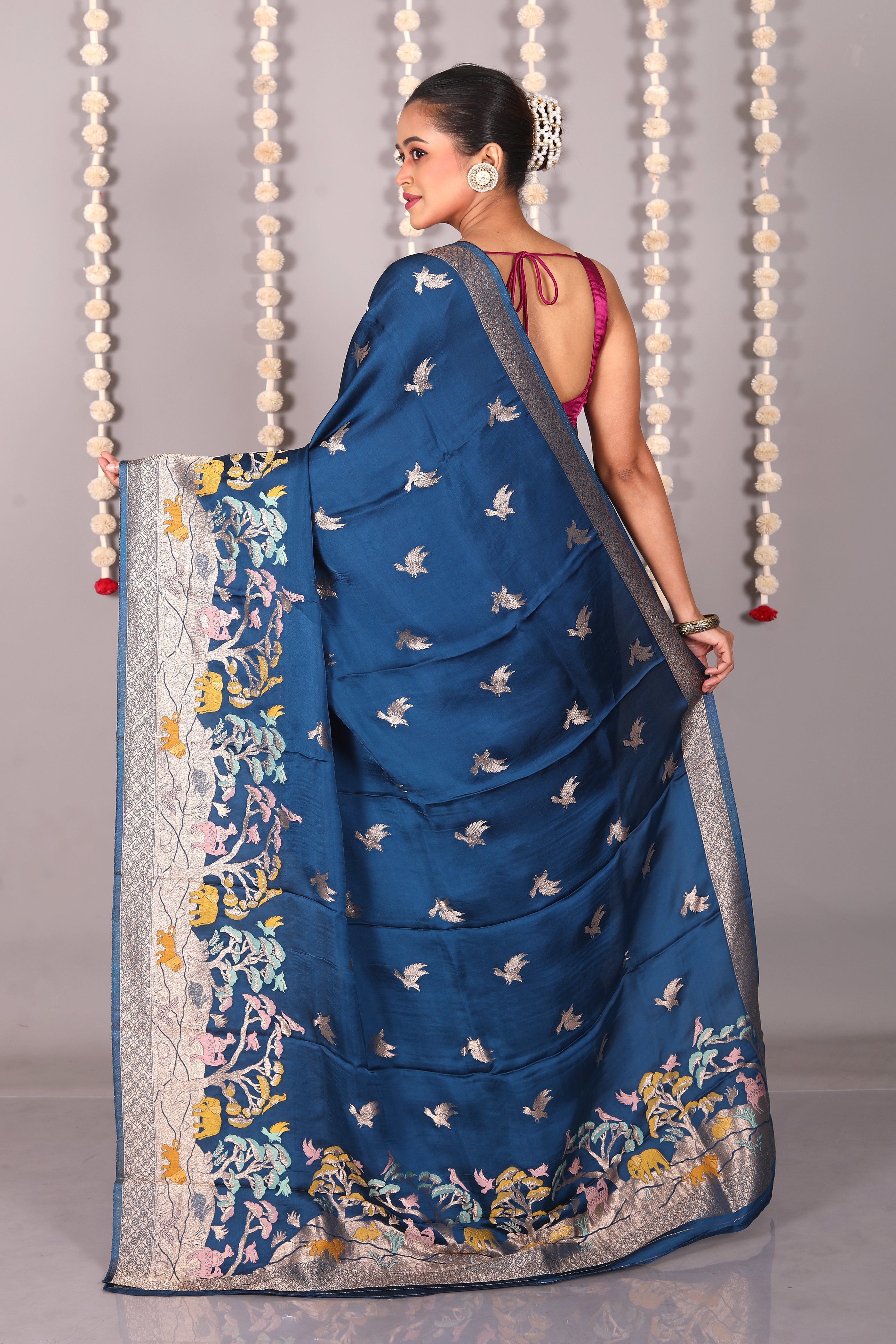 Blue Blended Satin Silk Saree - Keya Seth Exclusive