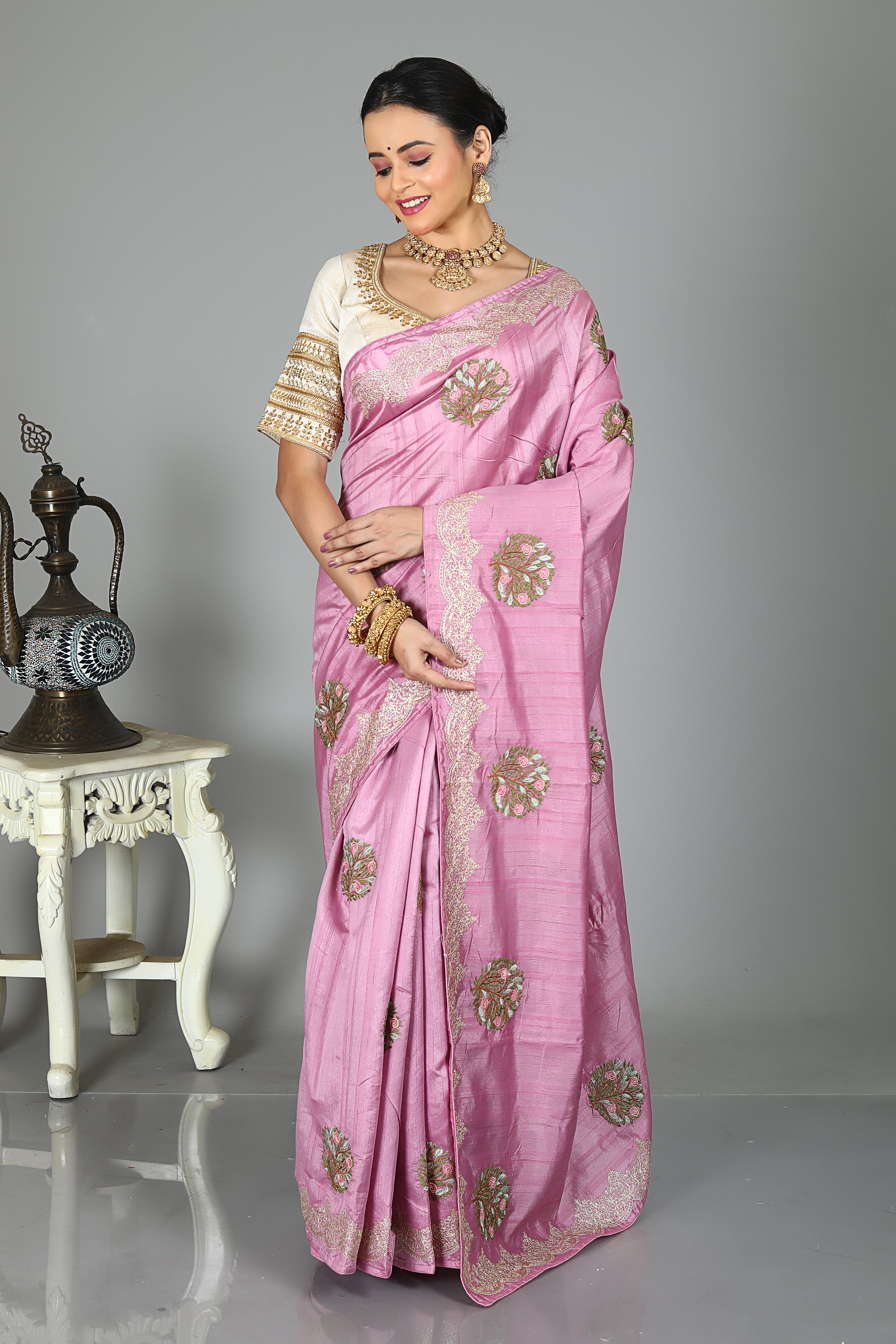 Pink Blended Tussar Silk Saree
