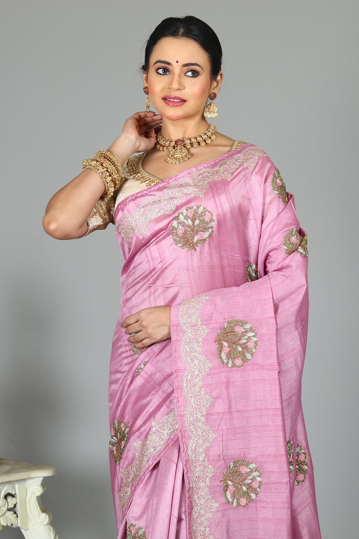 Pink Blended Tussar Silk Saree