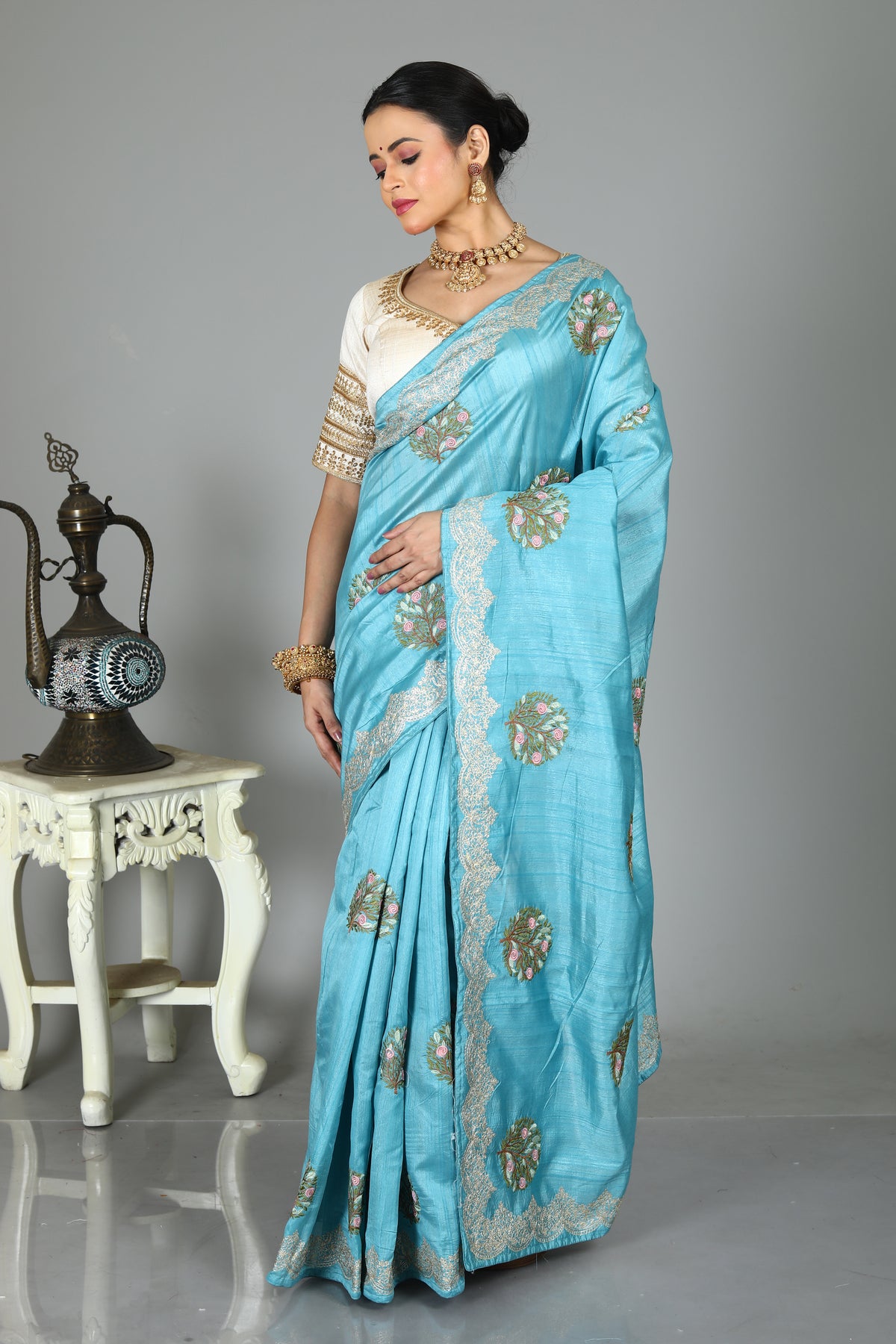 Blue Blended Tussar Silk Saree