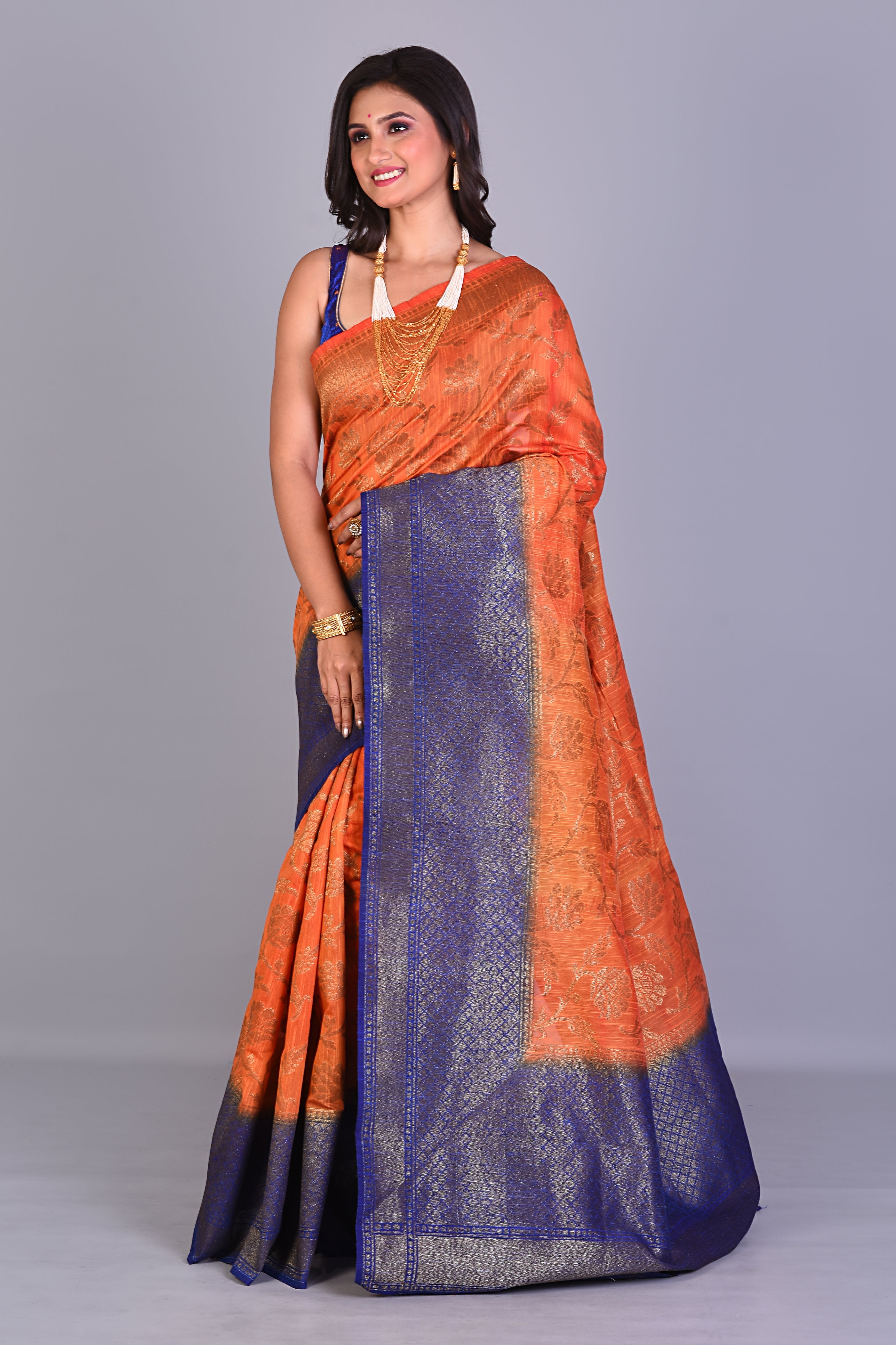 Orange Art Silk Saree with Blue Border - Keya Seth Exclusive