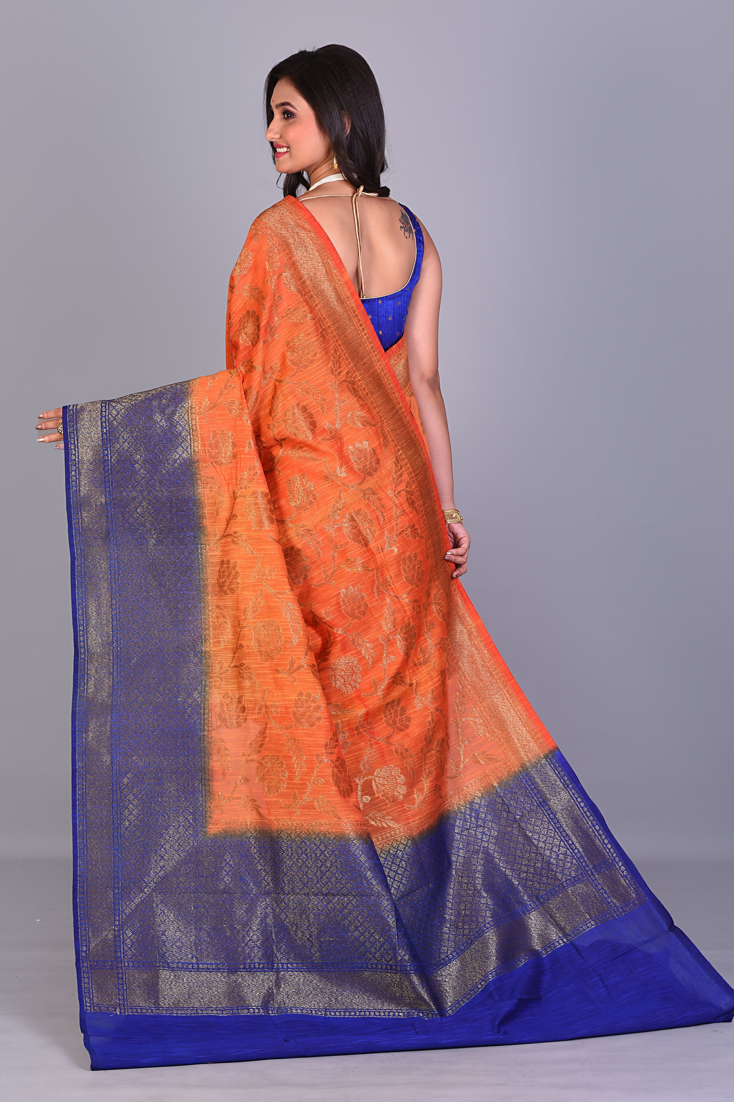 Orange Art Silk Saree with Blue Border - Keya Seth Exclusive