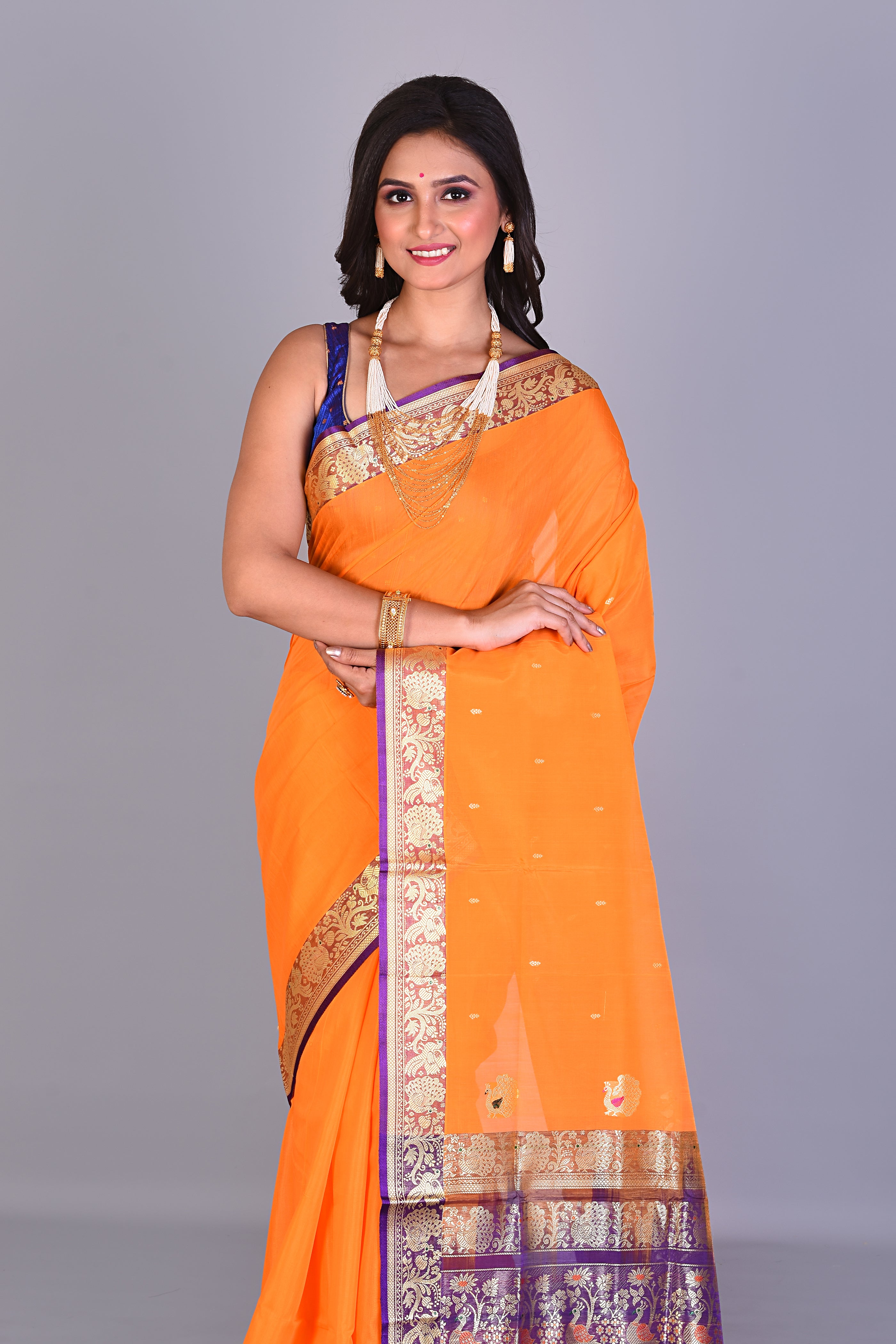 Orange Pattu Silk Saree with Purple Borders - Keya Seth Exclusive