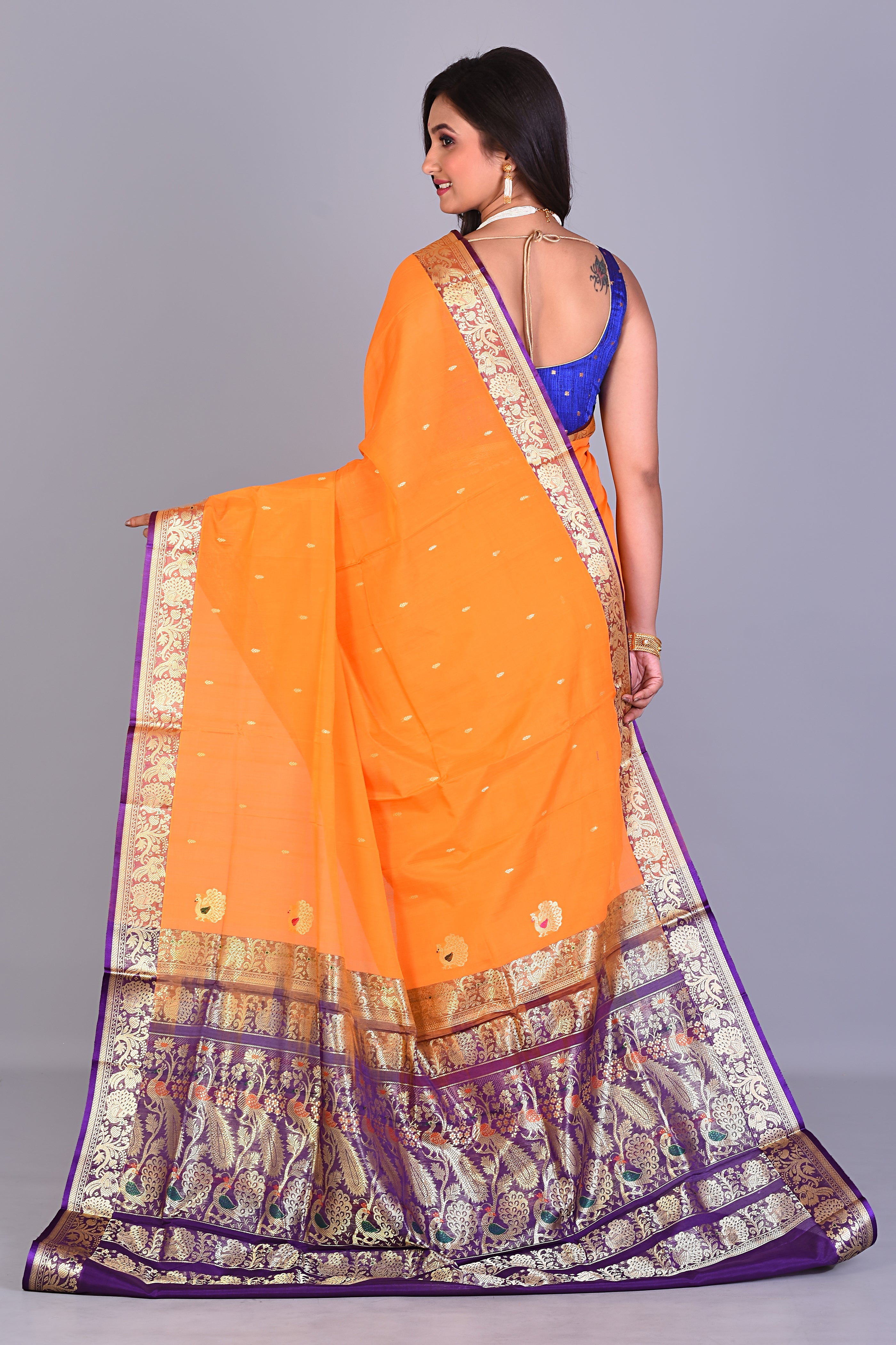 Orange Pattu Silk Saree with Purple Borders - Keya Seth Exclusive