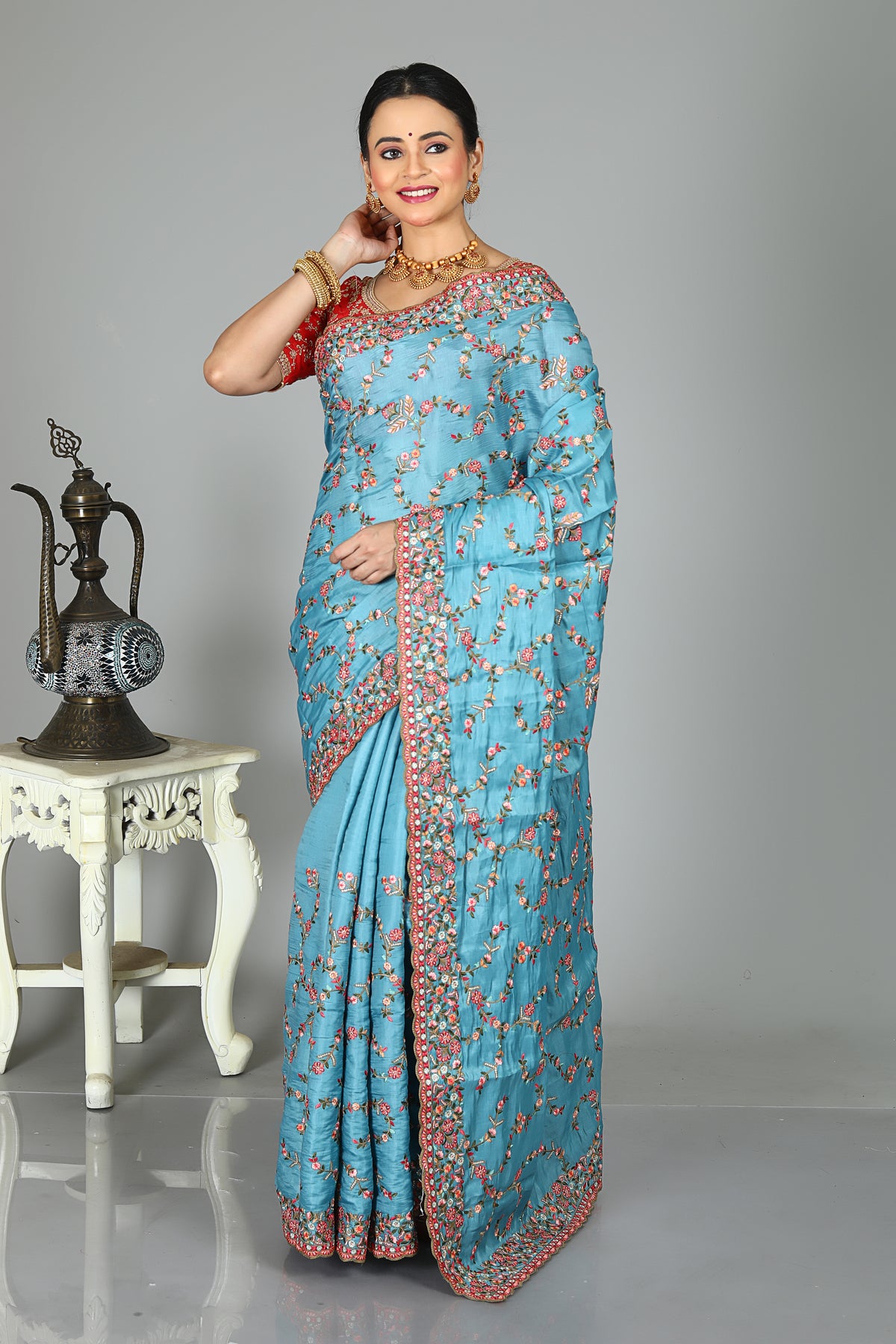 Blue Blended Silk With Floral Embroidered Saree