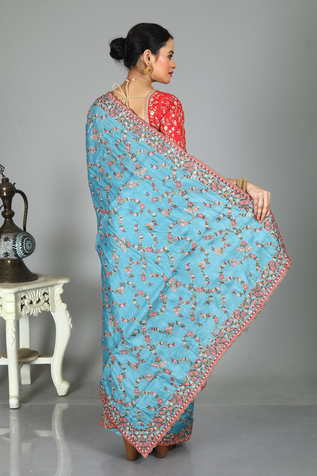Blue Blended Silk With Floral Embroidered Saree