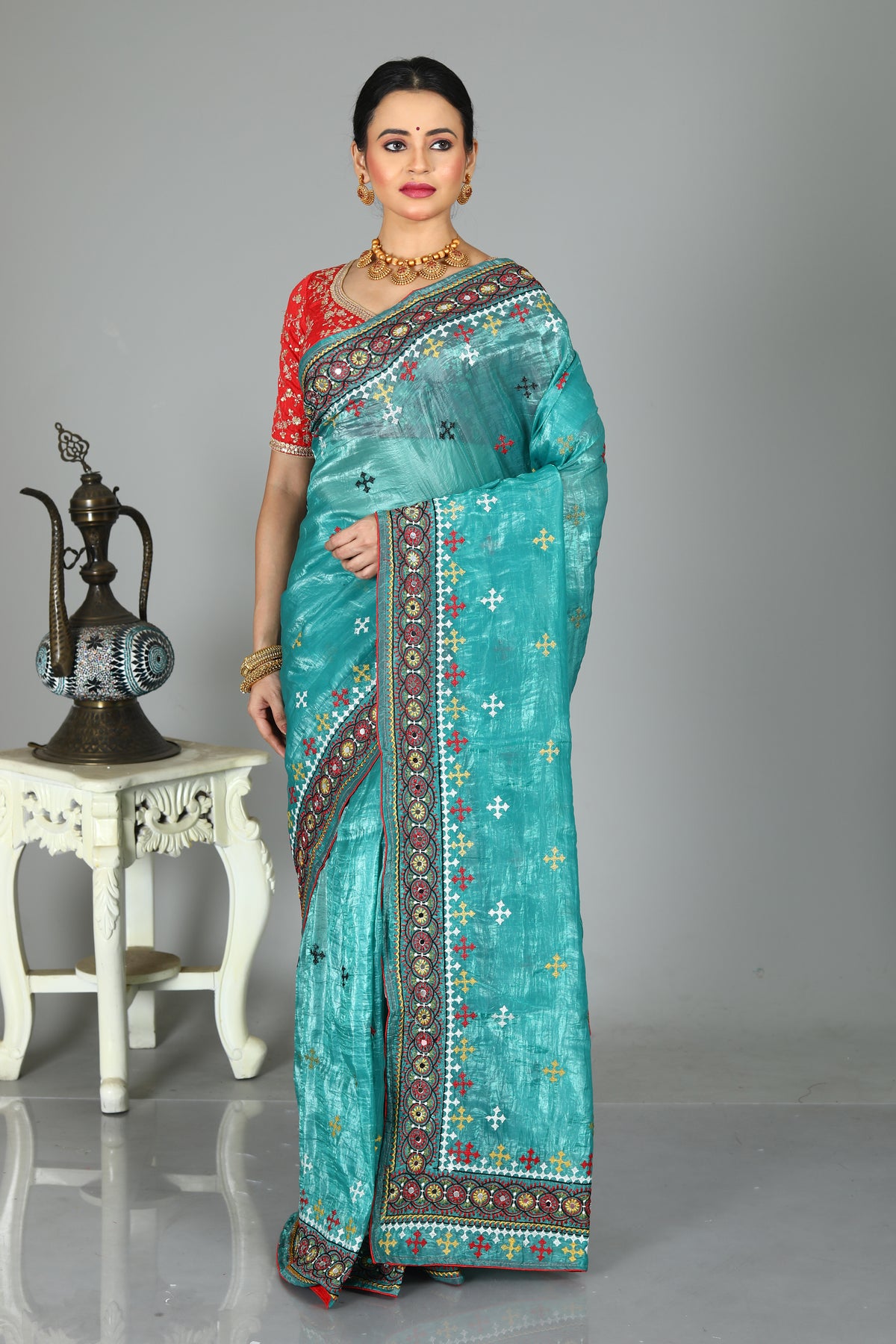 Blue Blended Silk with Threadwork