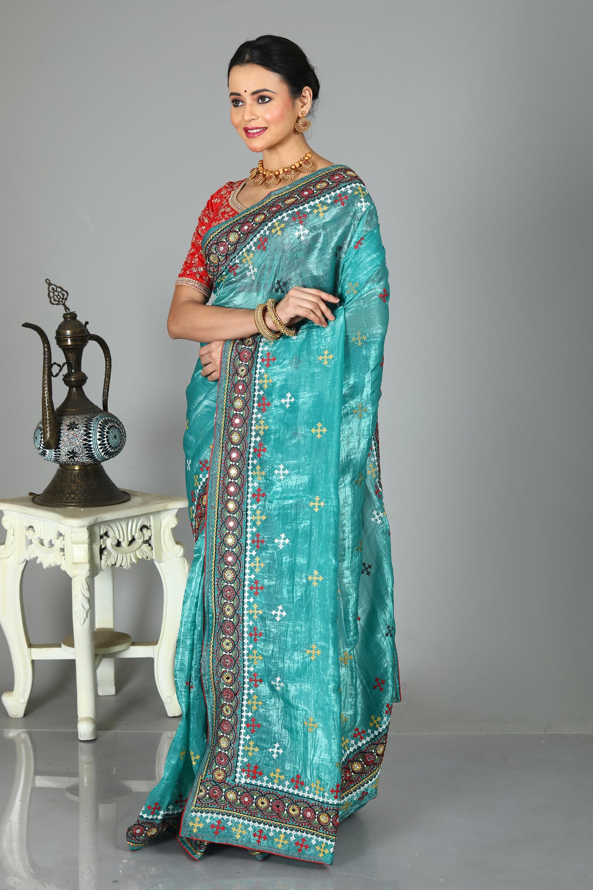 Blue Blended Silk with Threadwork