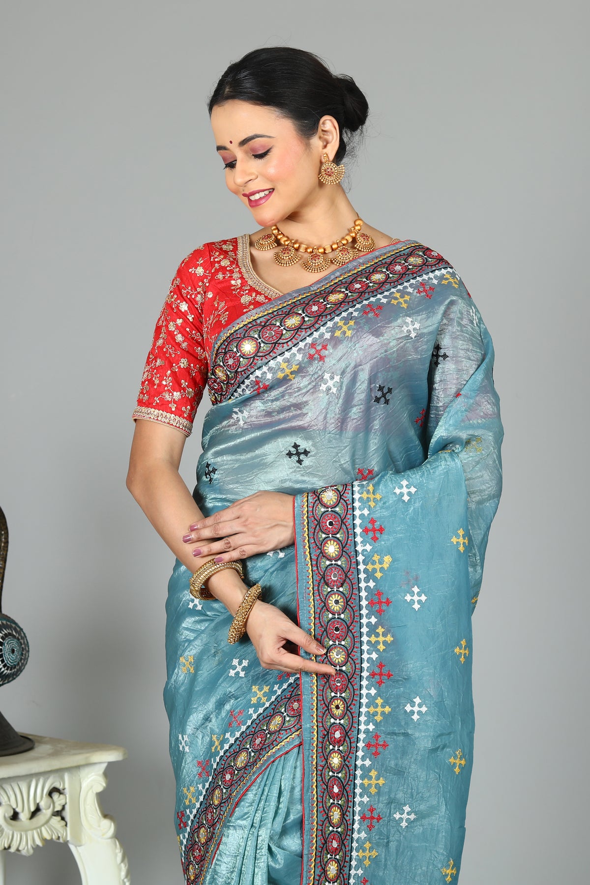 Pastel Blue Blended Silk Saree with Threadwork