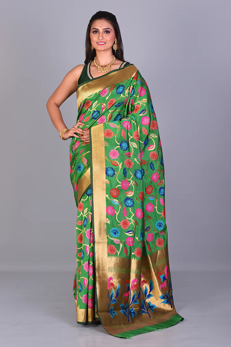 Fancy Green Silk Saree with Threadwork - Keya Seth Exclusive