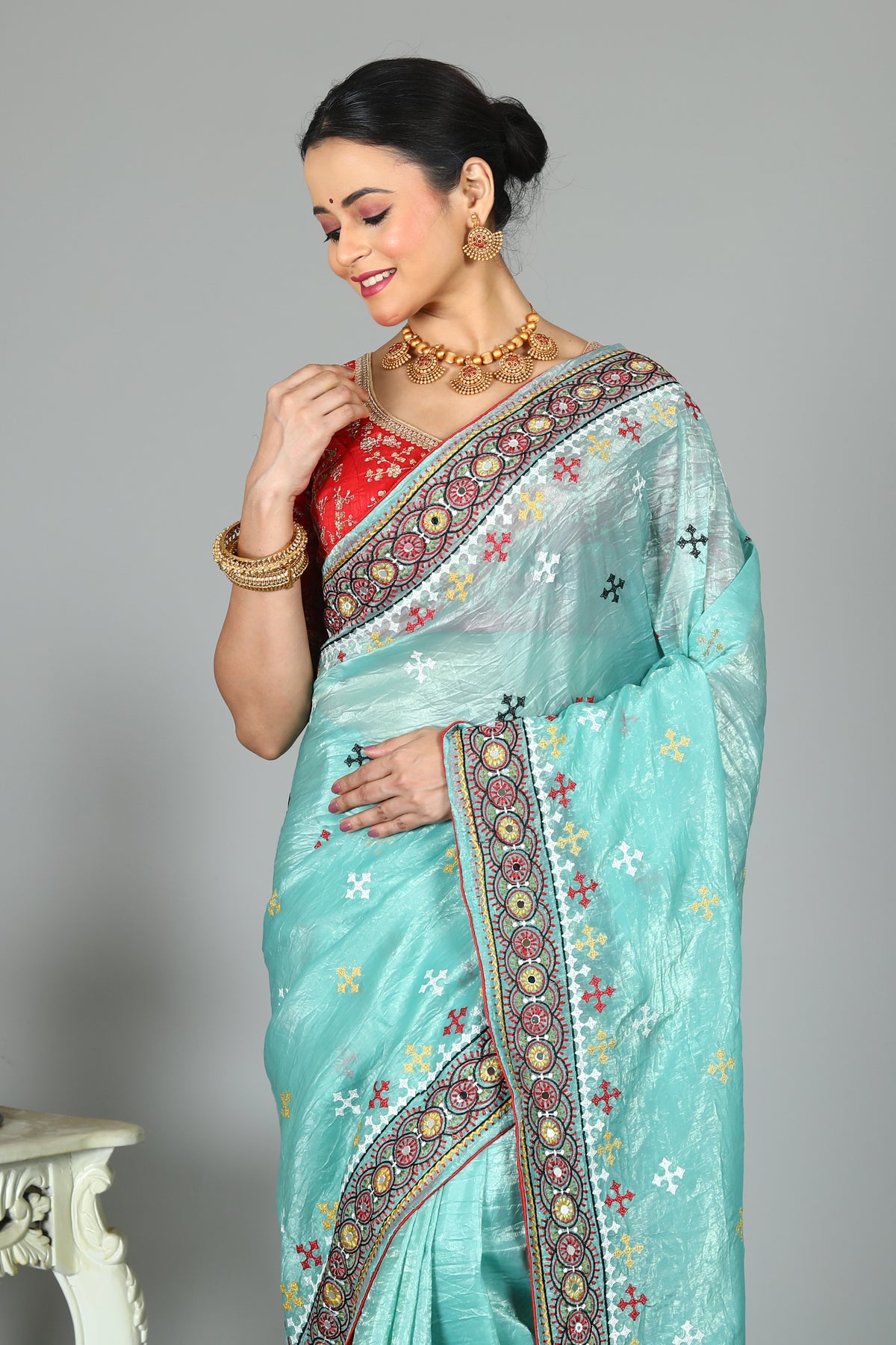 Light Blue Blended Silk Saree with Threadwork