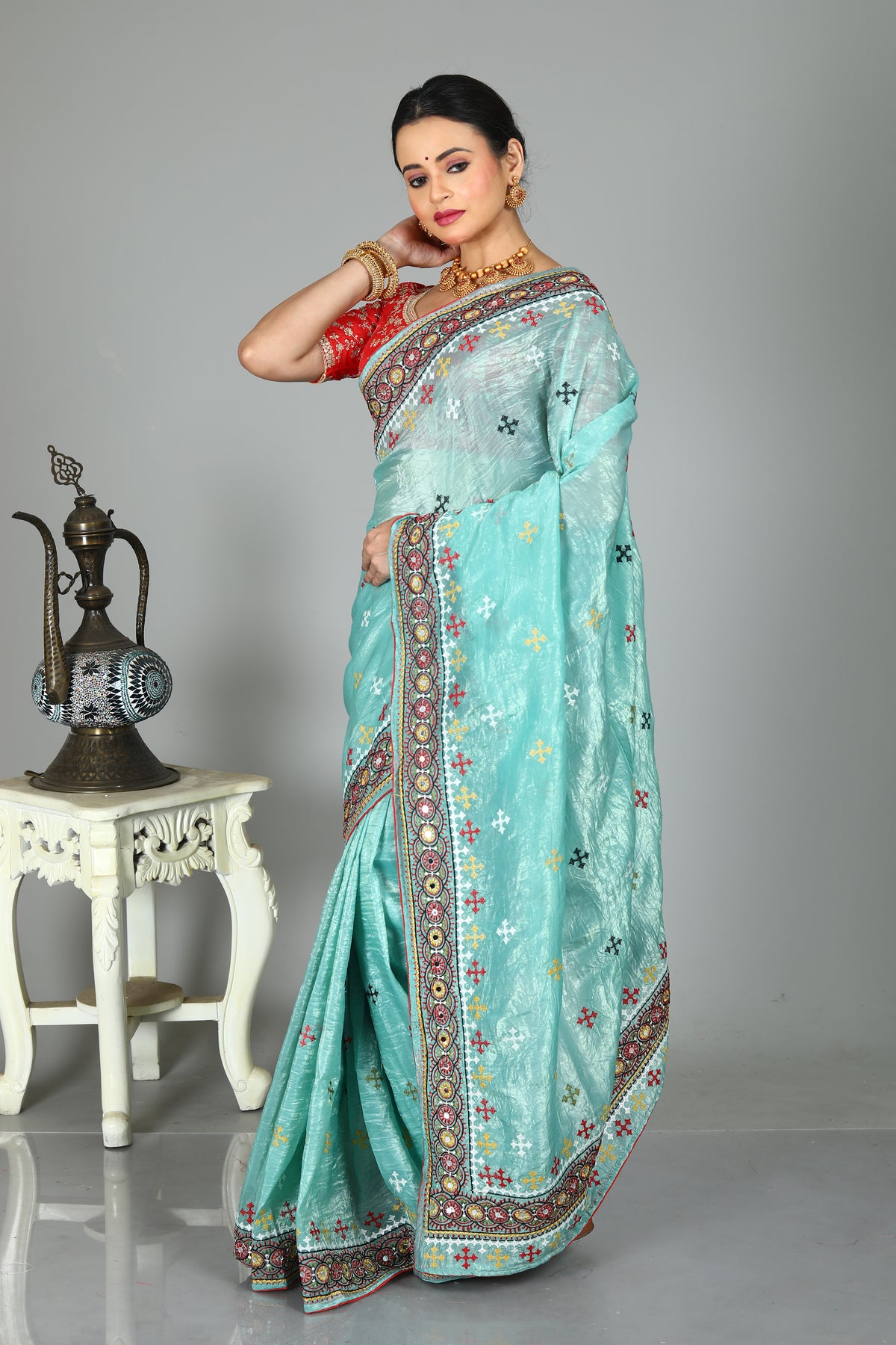 Light Blue Blended Silk Saree with Threadwork