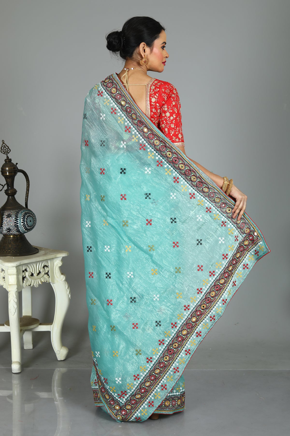 Light Blue Blended Silk Saree with Threadwork