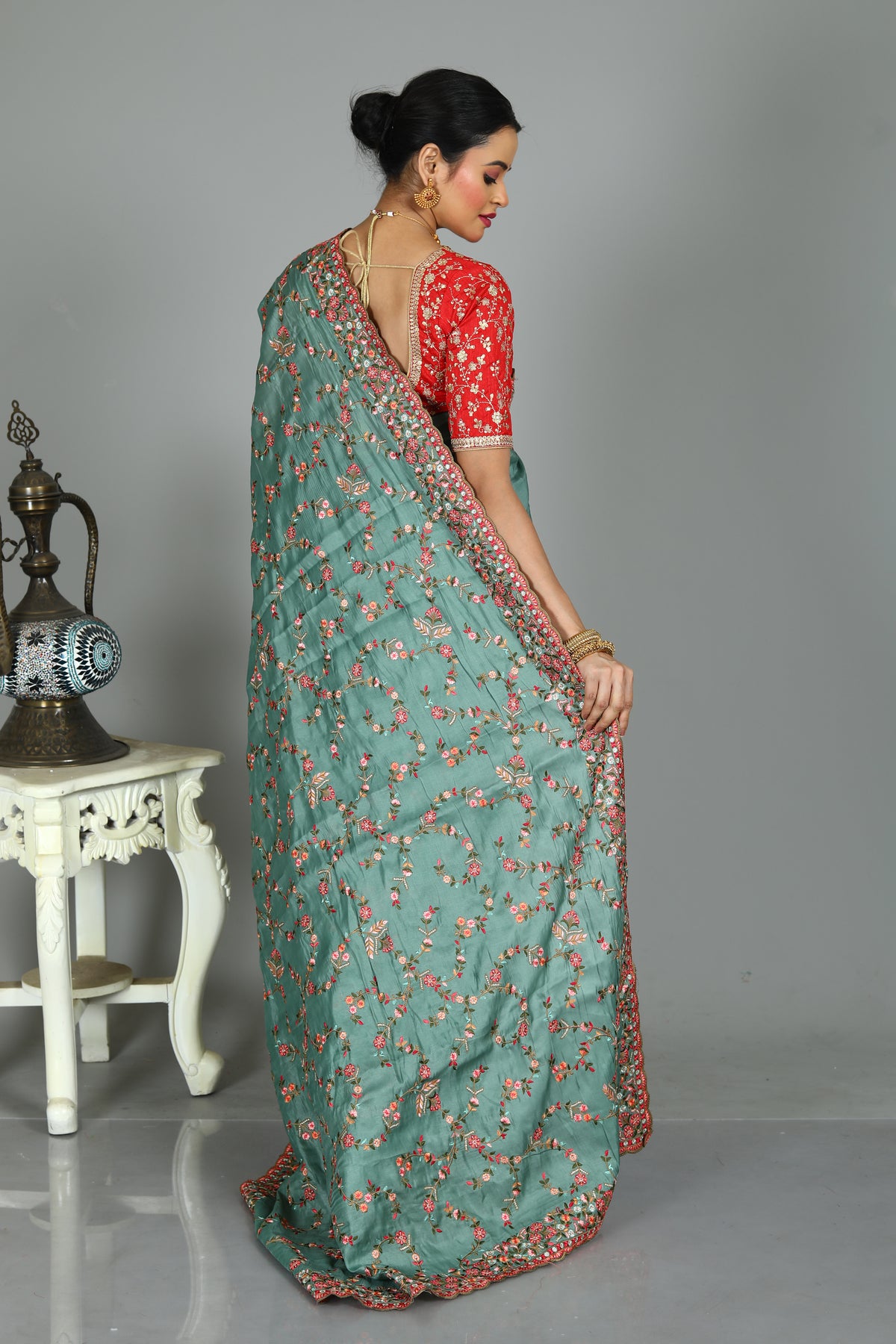 Green Blended Silk Saree with Embroidery Work