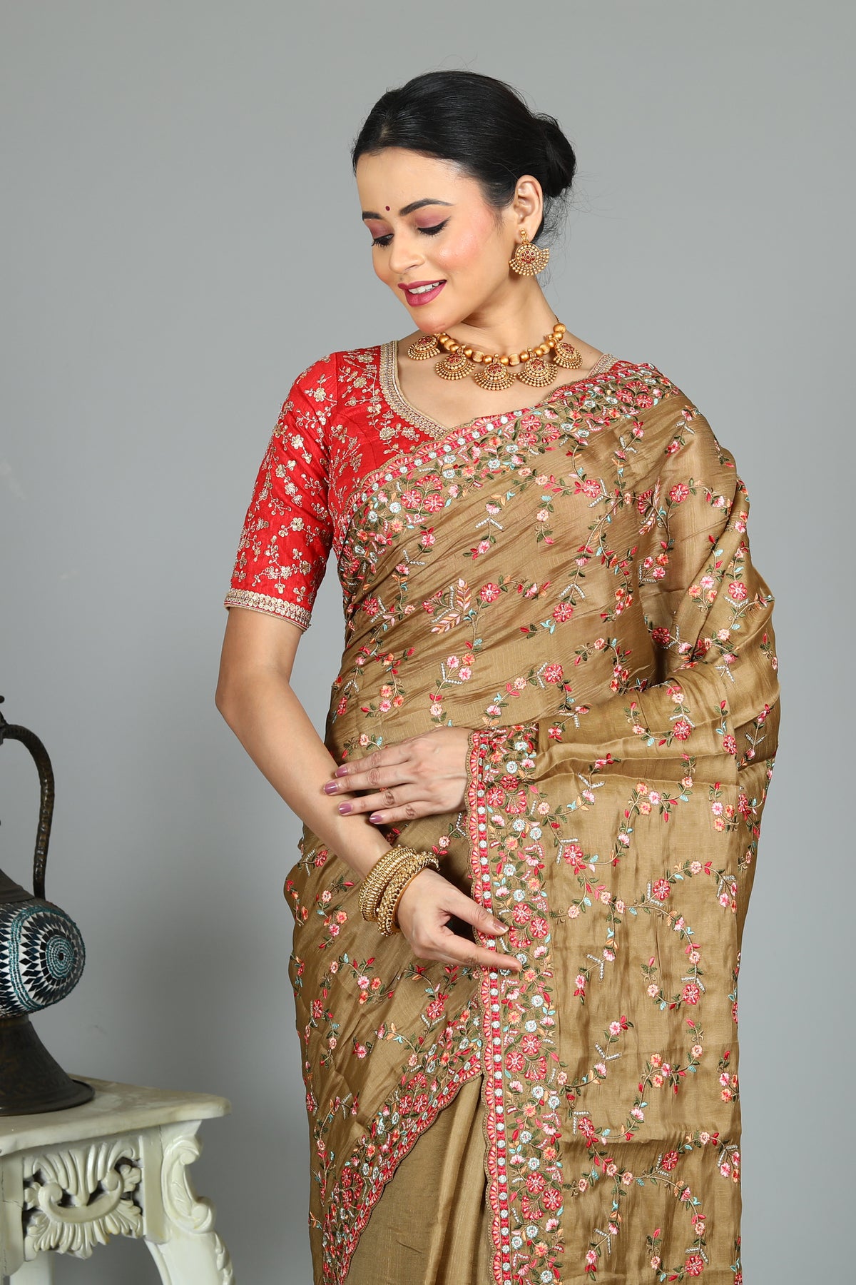 Olive Green Blended Silk with Embroidery