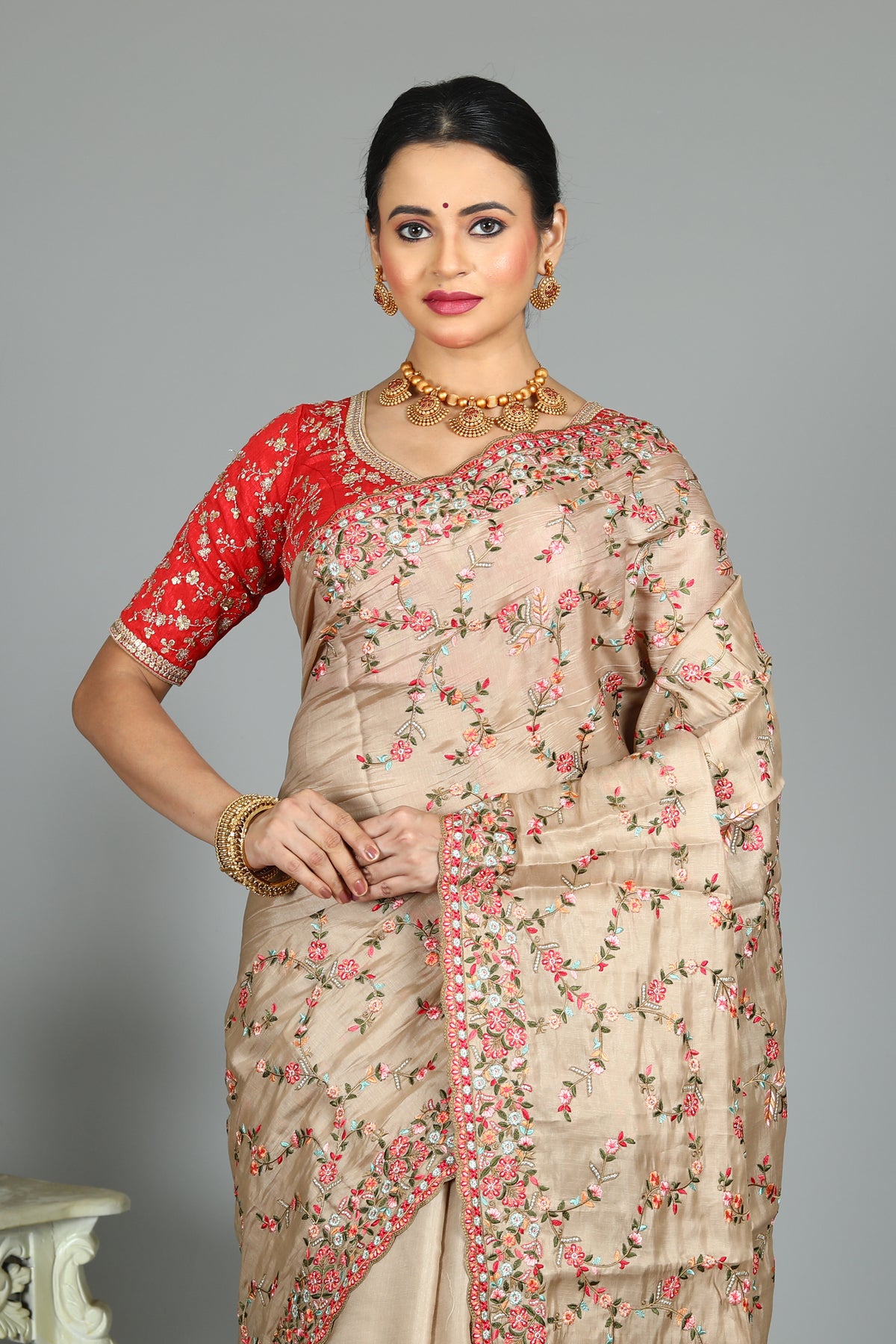 Offwhite Blended Silk Saree with Embroidery Work