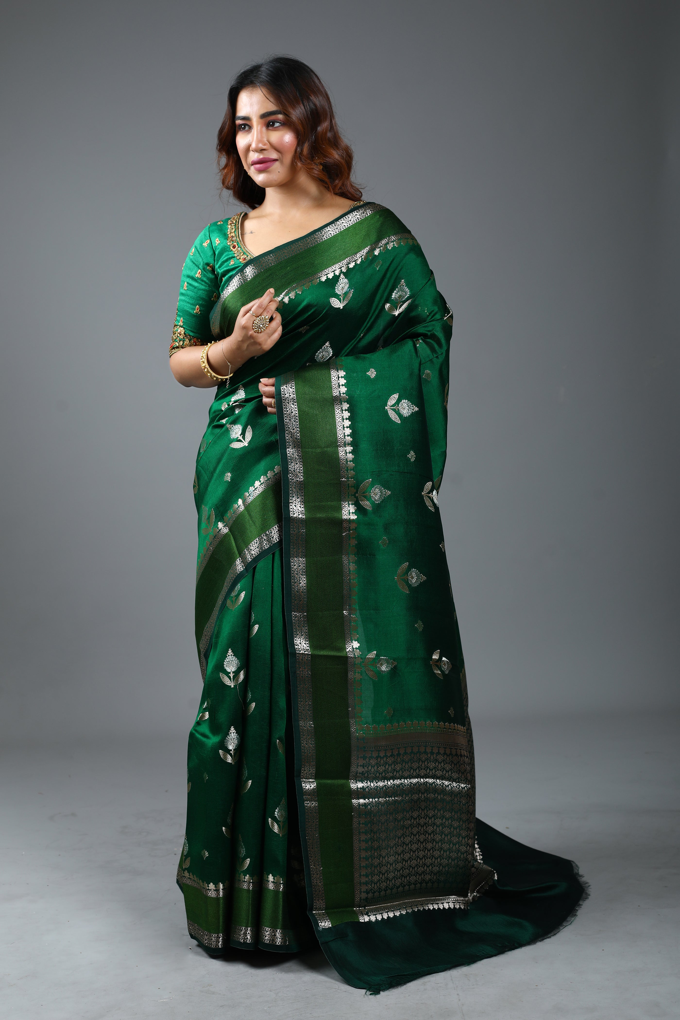 Bottle Green Pure Tissue Saree