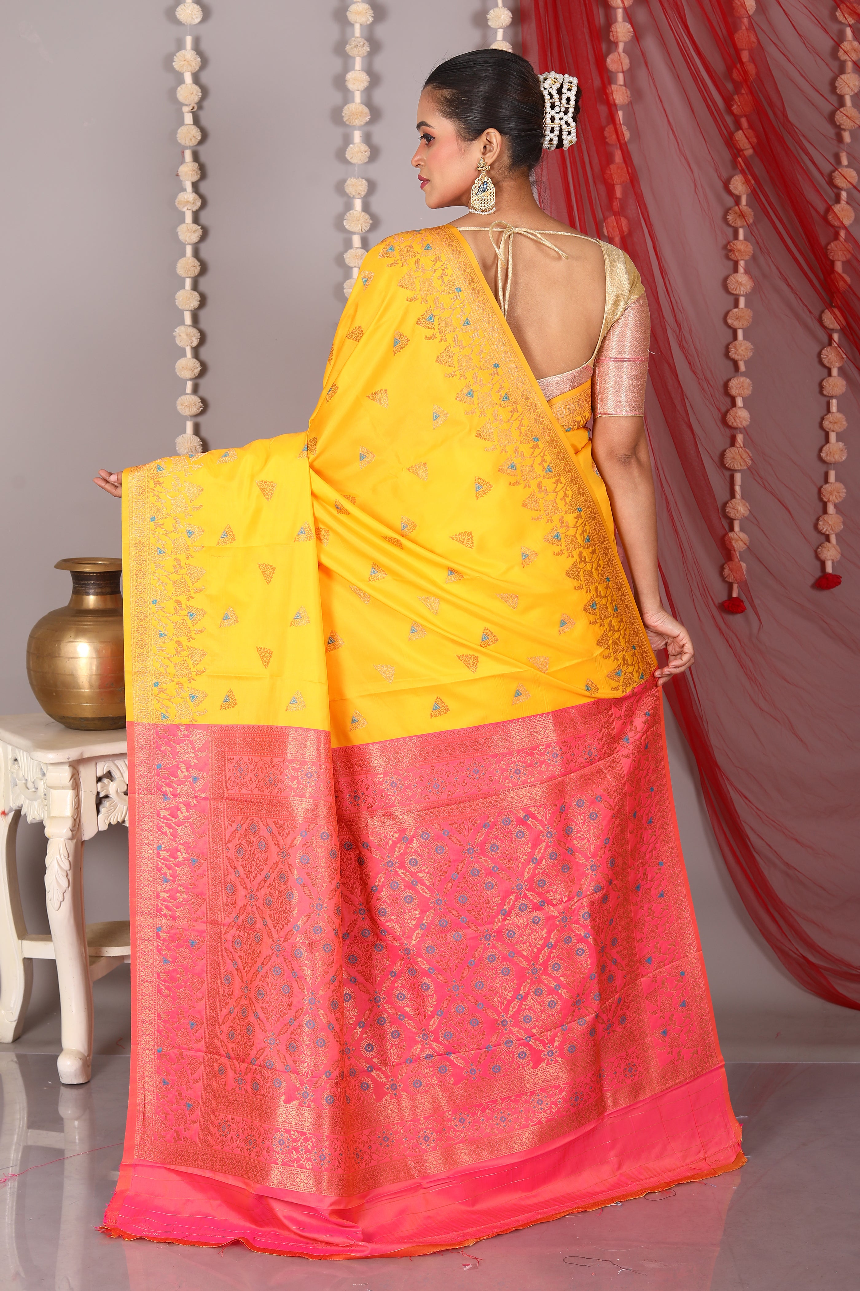 Yellow Blended Satin Silk Saree - Keya Seth Exclusive