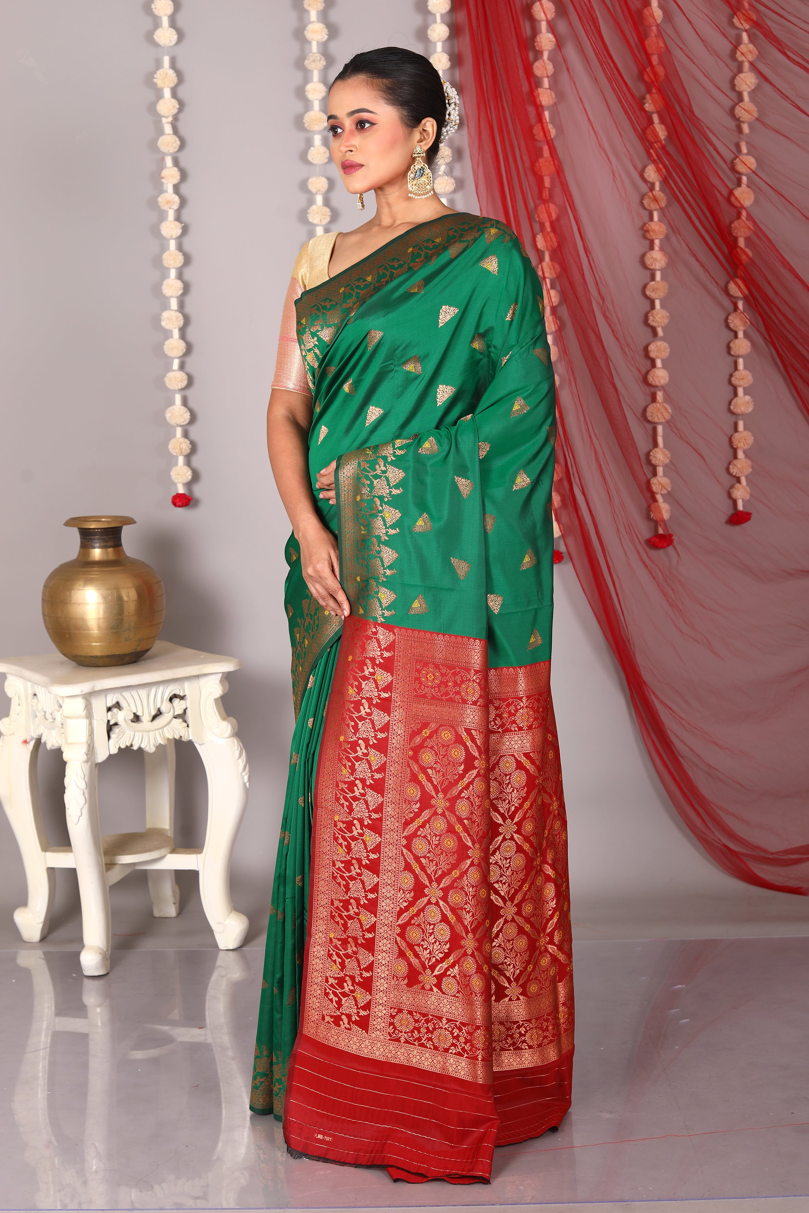 Bottle Green Blended Satin Silk Saree - Keya Seth Exclusive