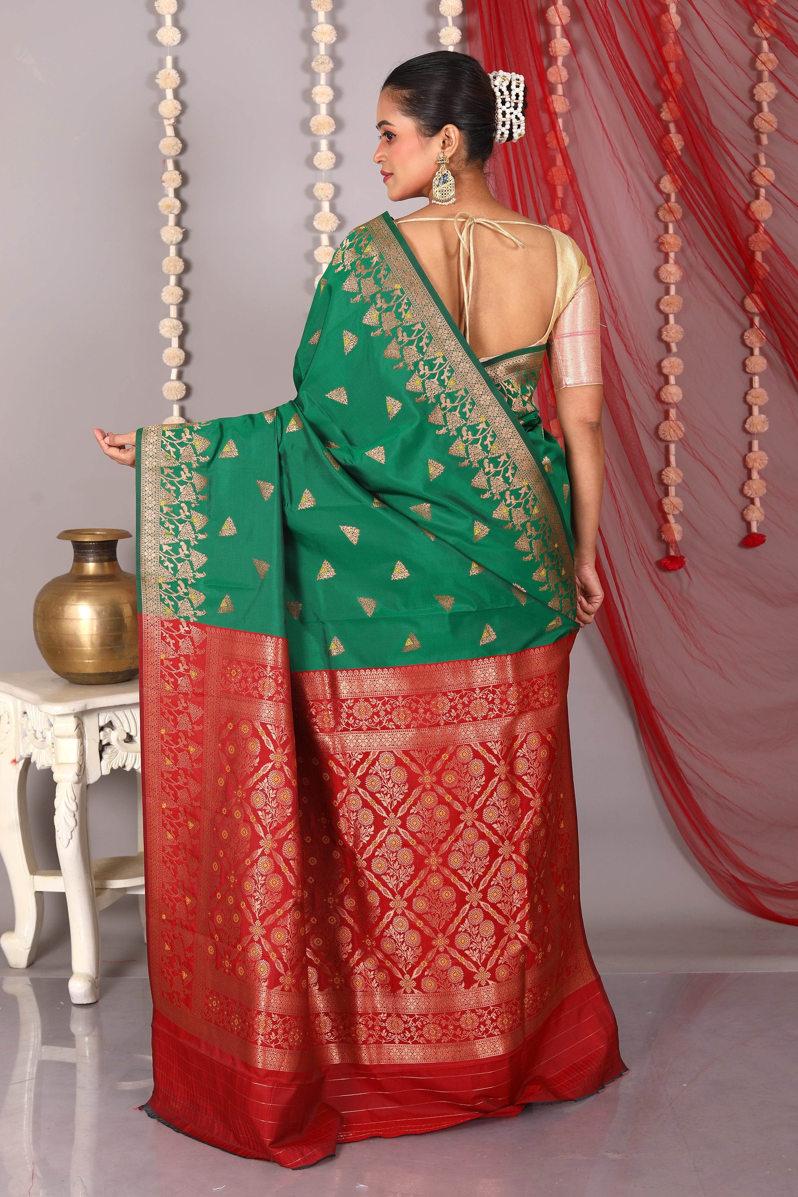 Bottle Green Blended Satin Silk Saree - Keya Seth Exclusive