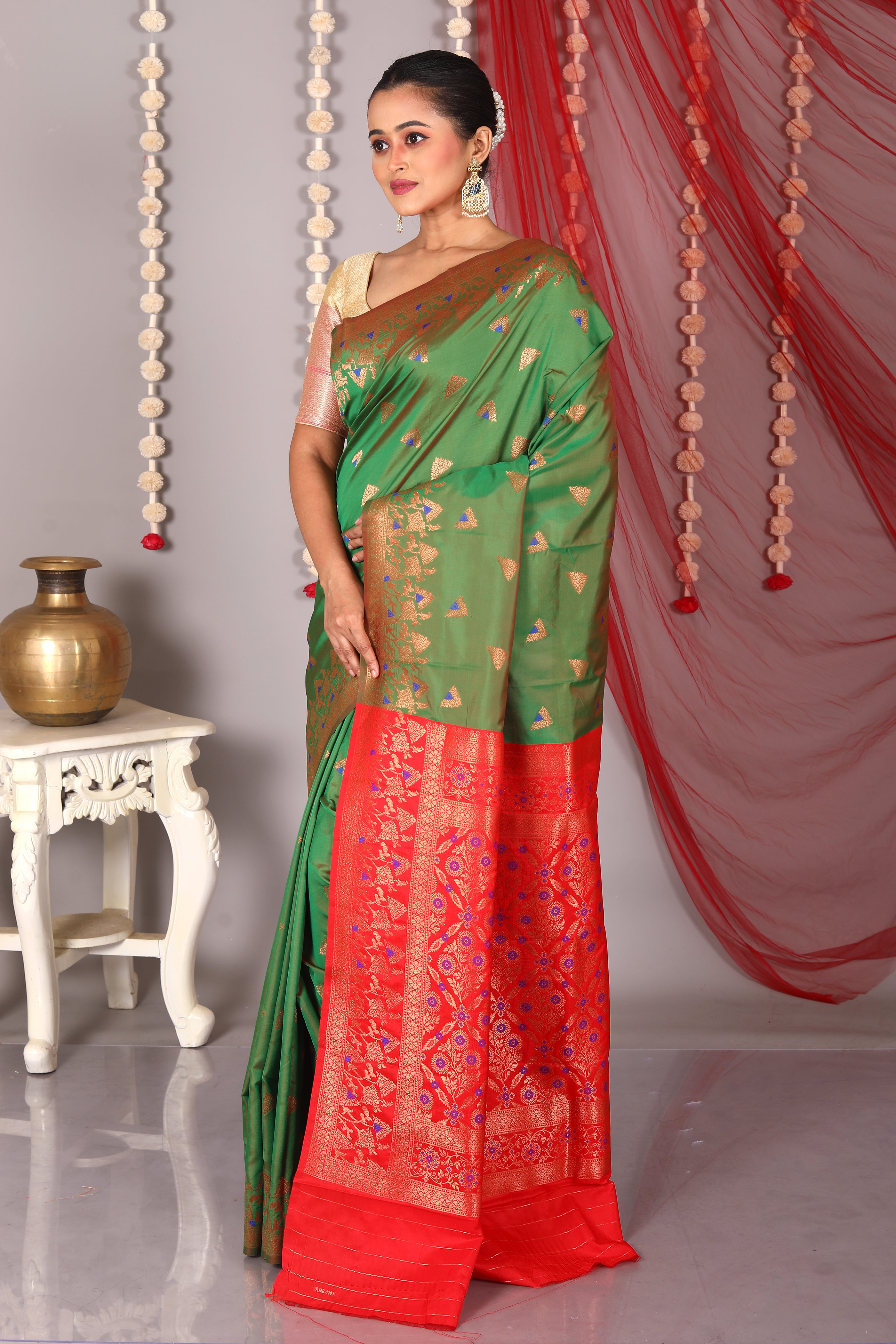 Olive Green Blended Satin Silk Saree - Keya Seth Exclusive
