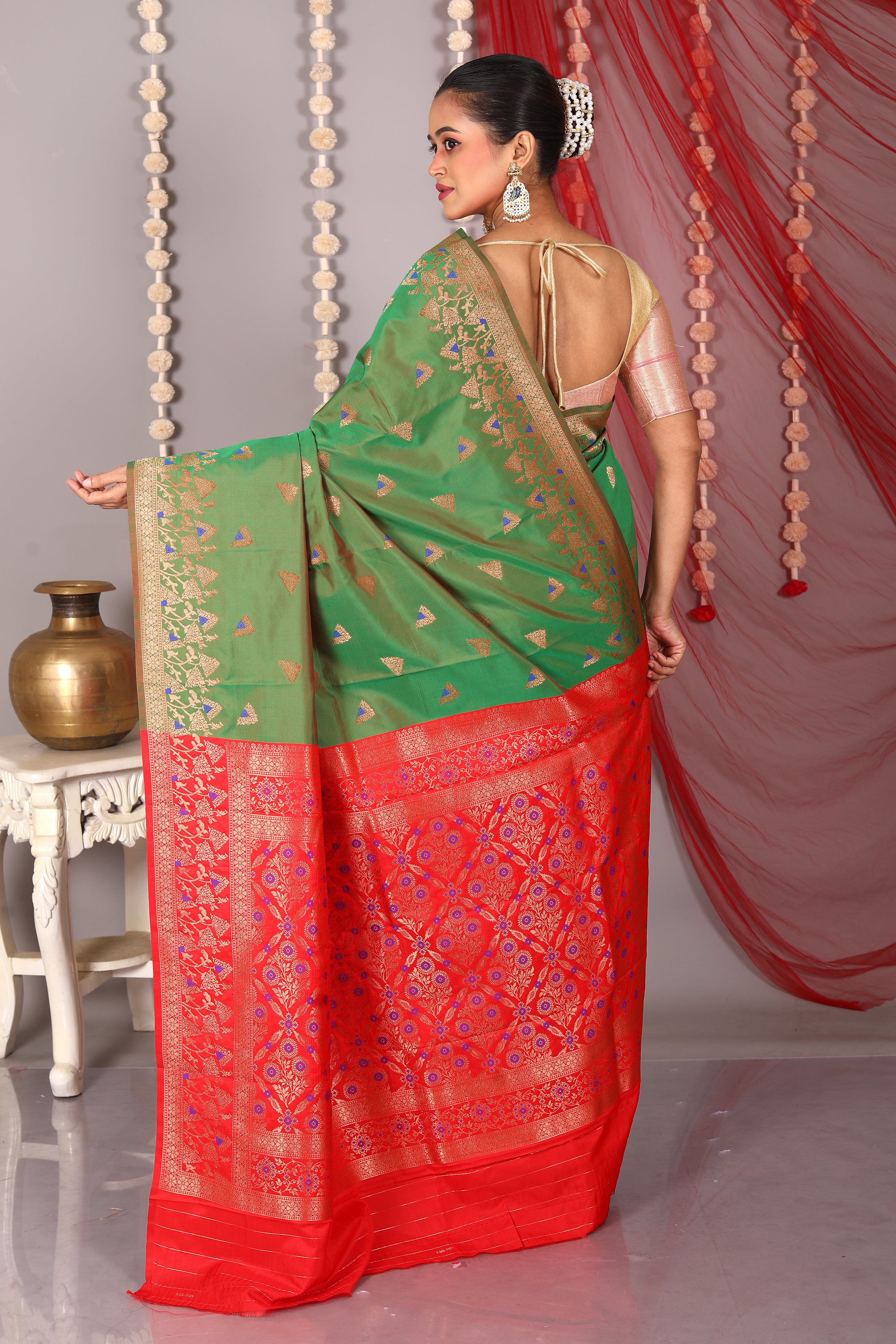 Olive Green Blended Satin Silk Saree - Keya Seth Exclusive