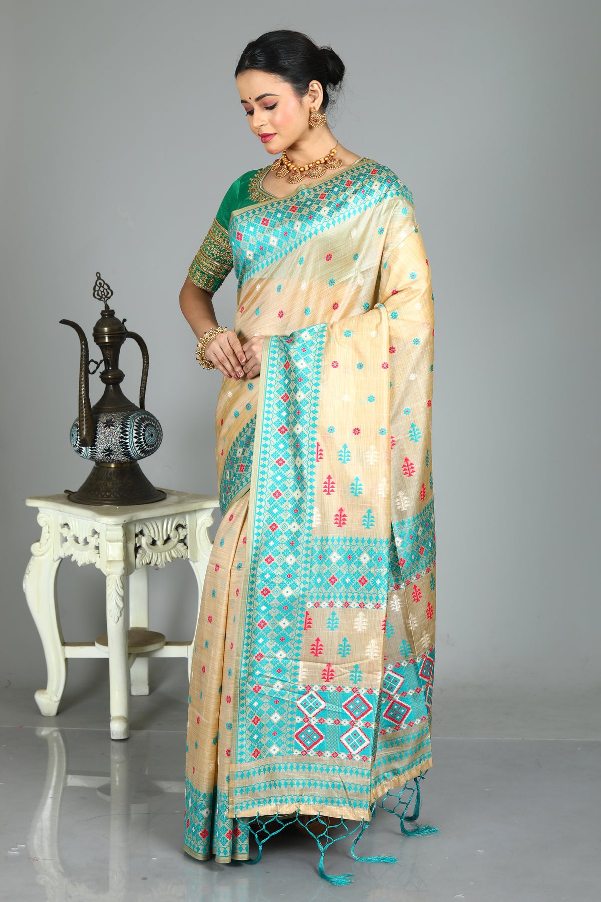 Beige Blended Tussar Silk Saree