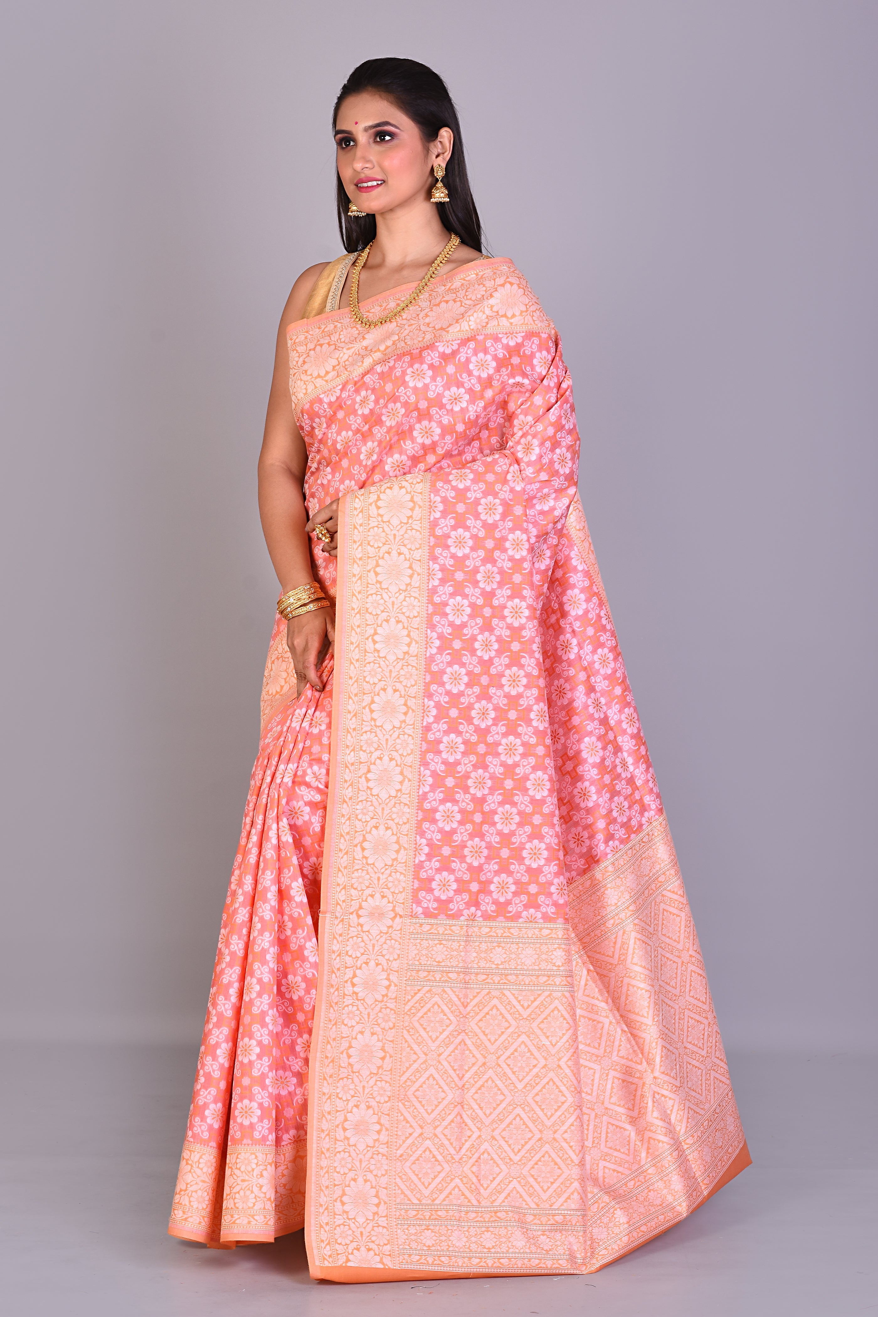 Peach Blended Kora Saree with Orange Borders - Keya Seth Exclusive
