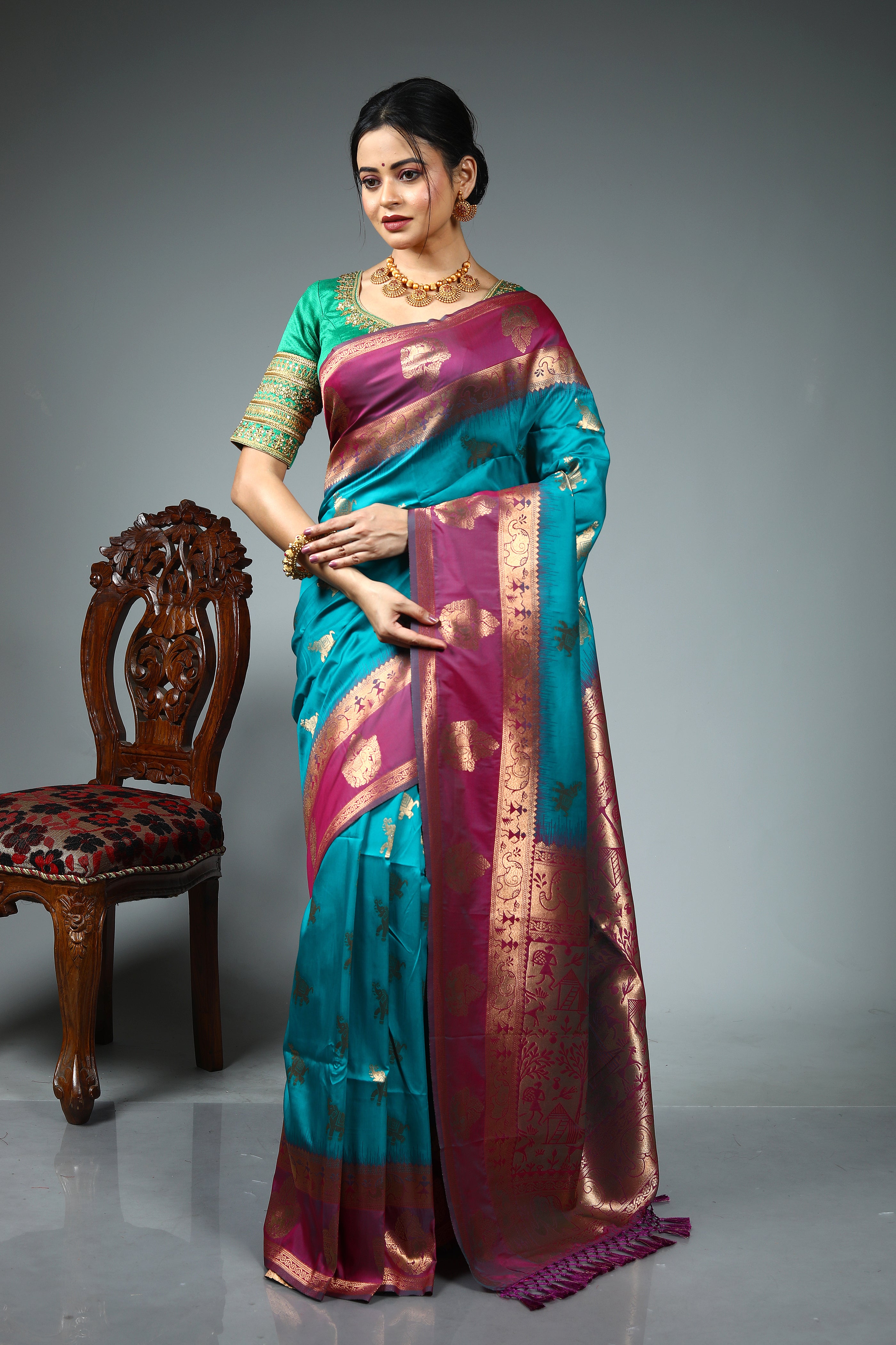 Sea Green Blended Katan Silk Saree