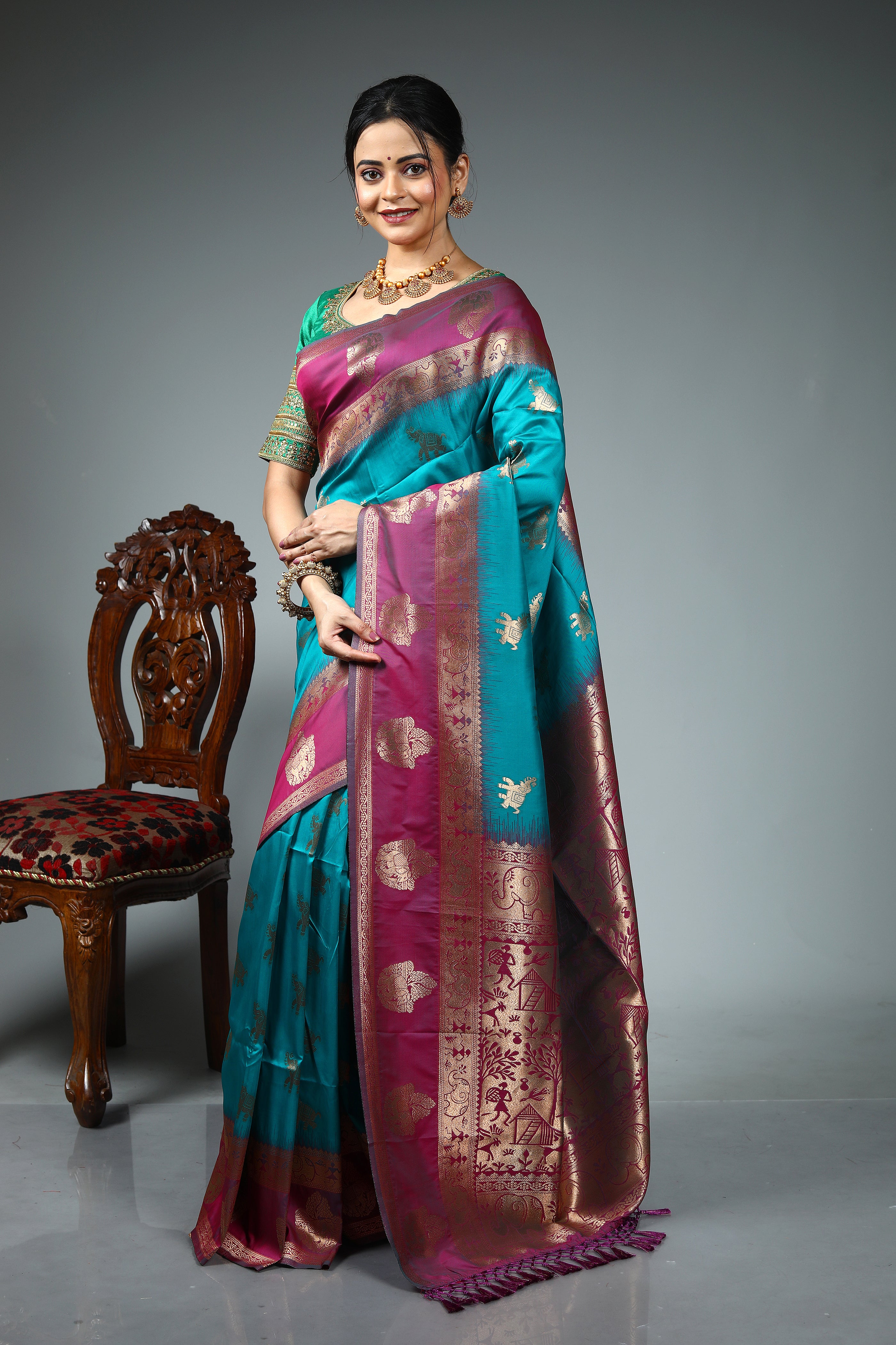 Sea Green Blended Katan Silk Saree