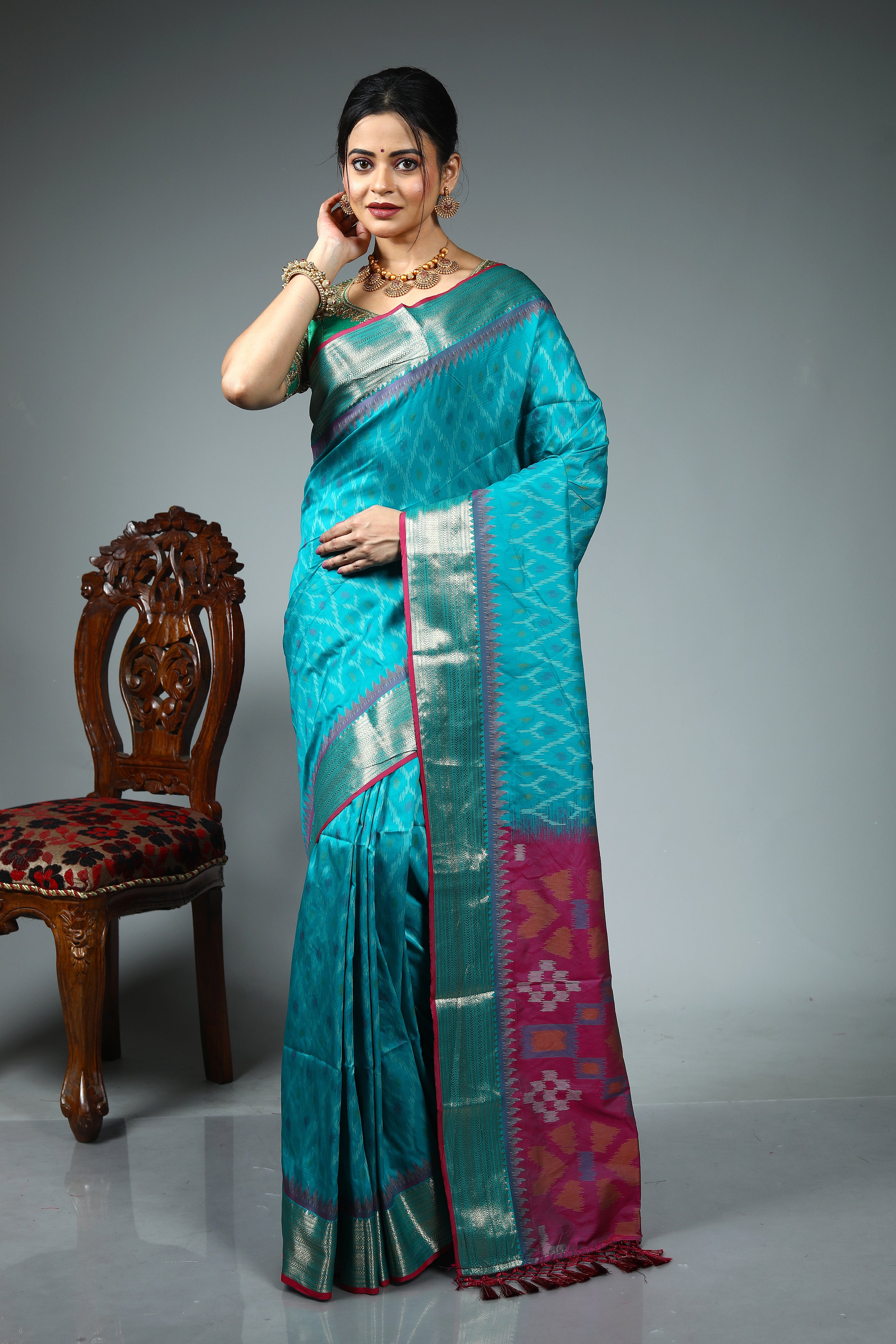 Sea Green Blended Ikkat Silk Saree