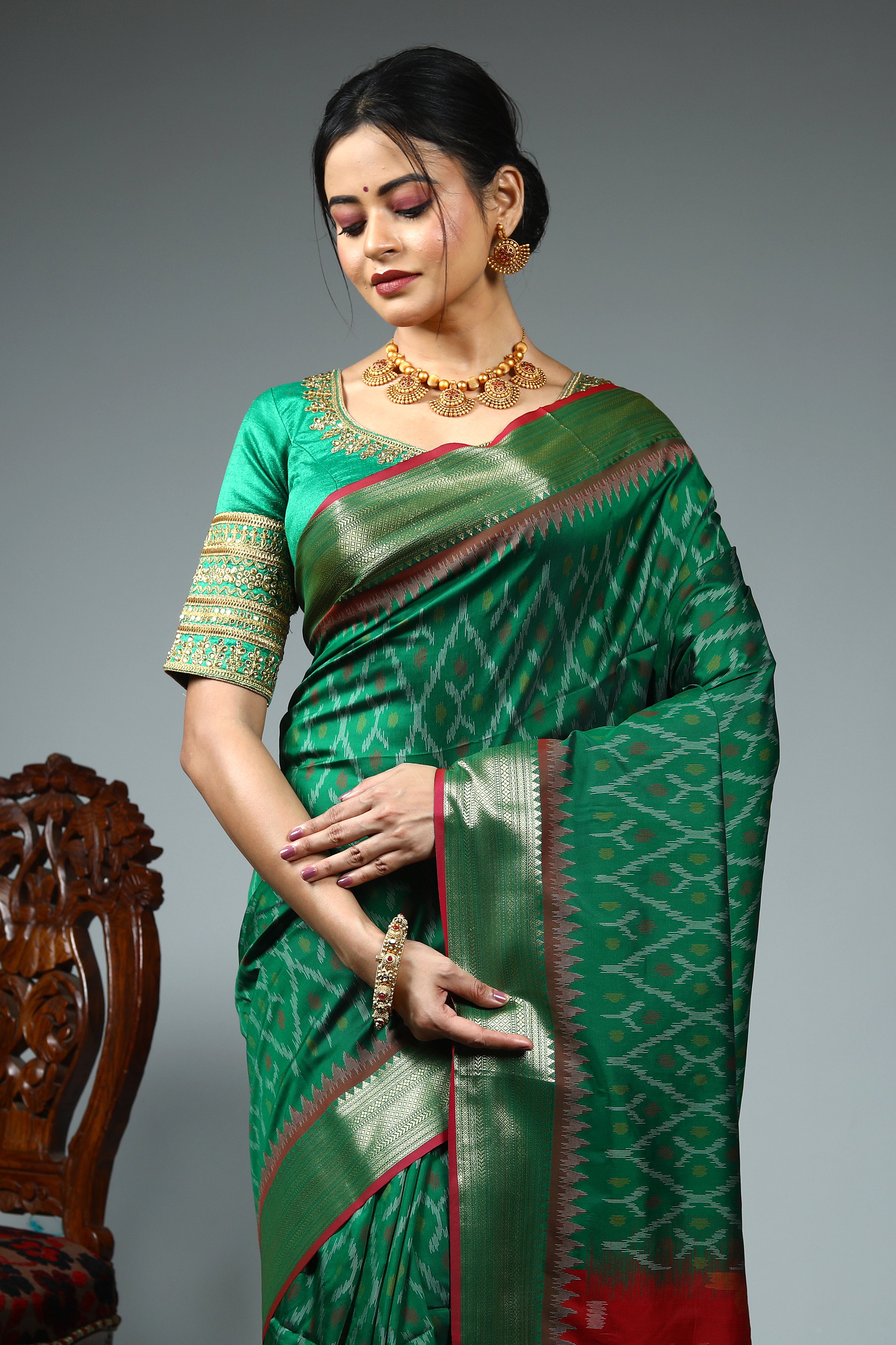 Green Blended Ikkat Silk Saree