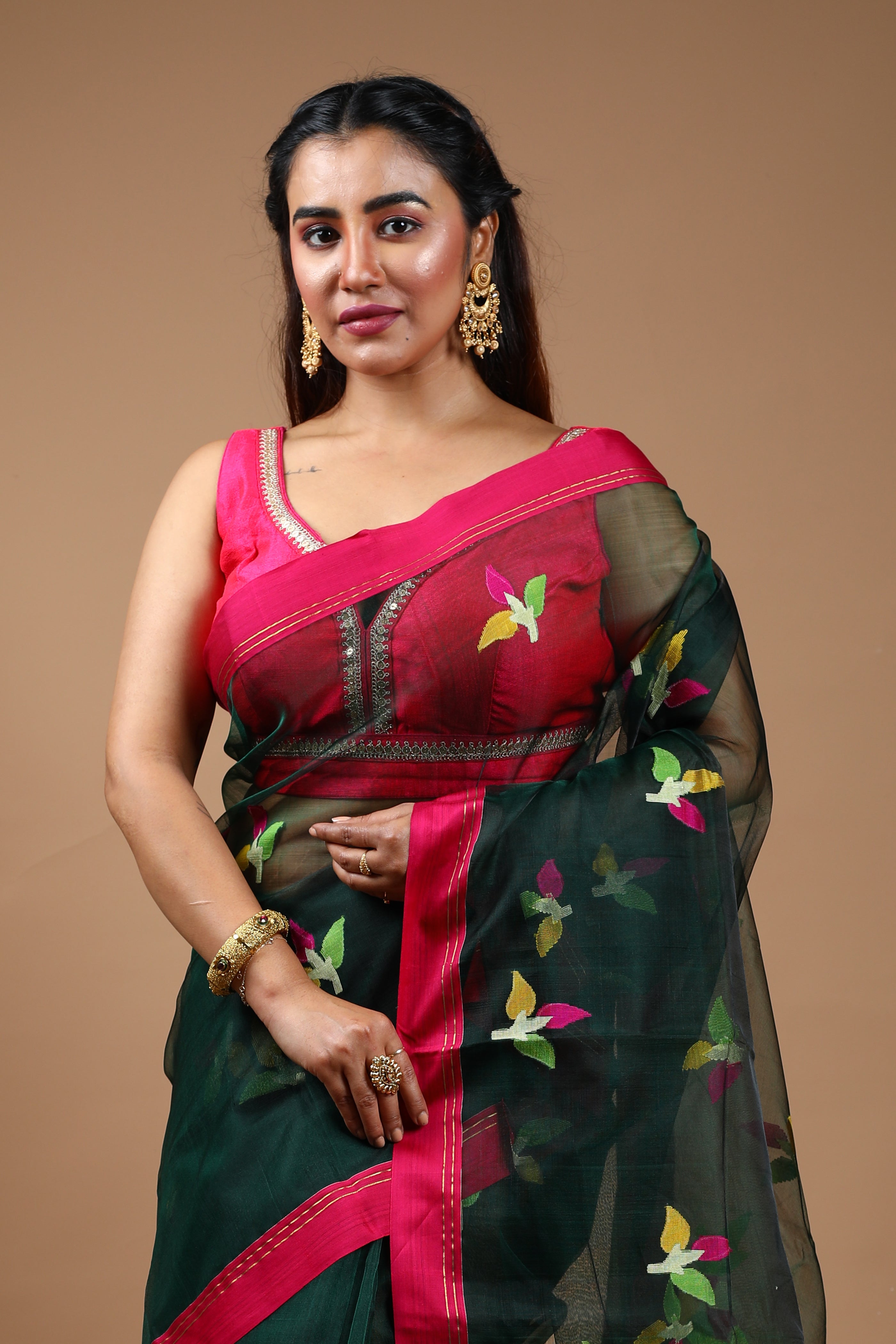 Dark Green Pure Muslin Saree