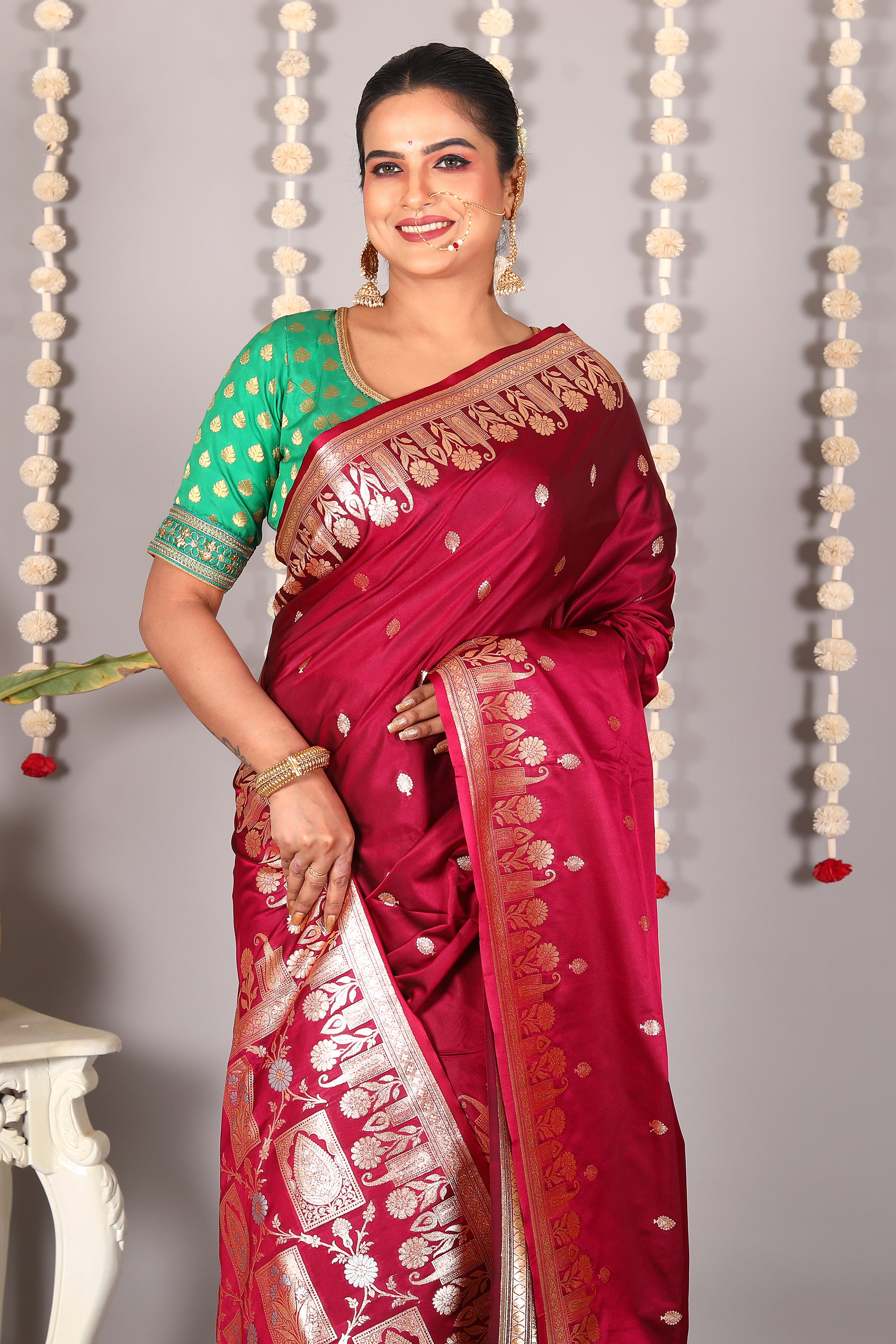 Wine Blended Mashru Katan Banarasi Silk Saree - Keya Seth Exclusive