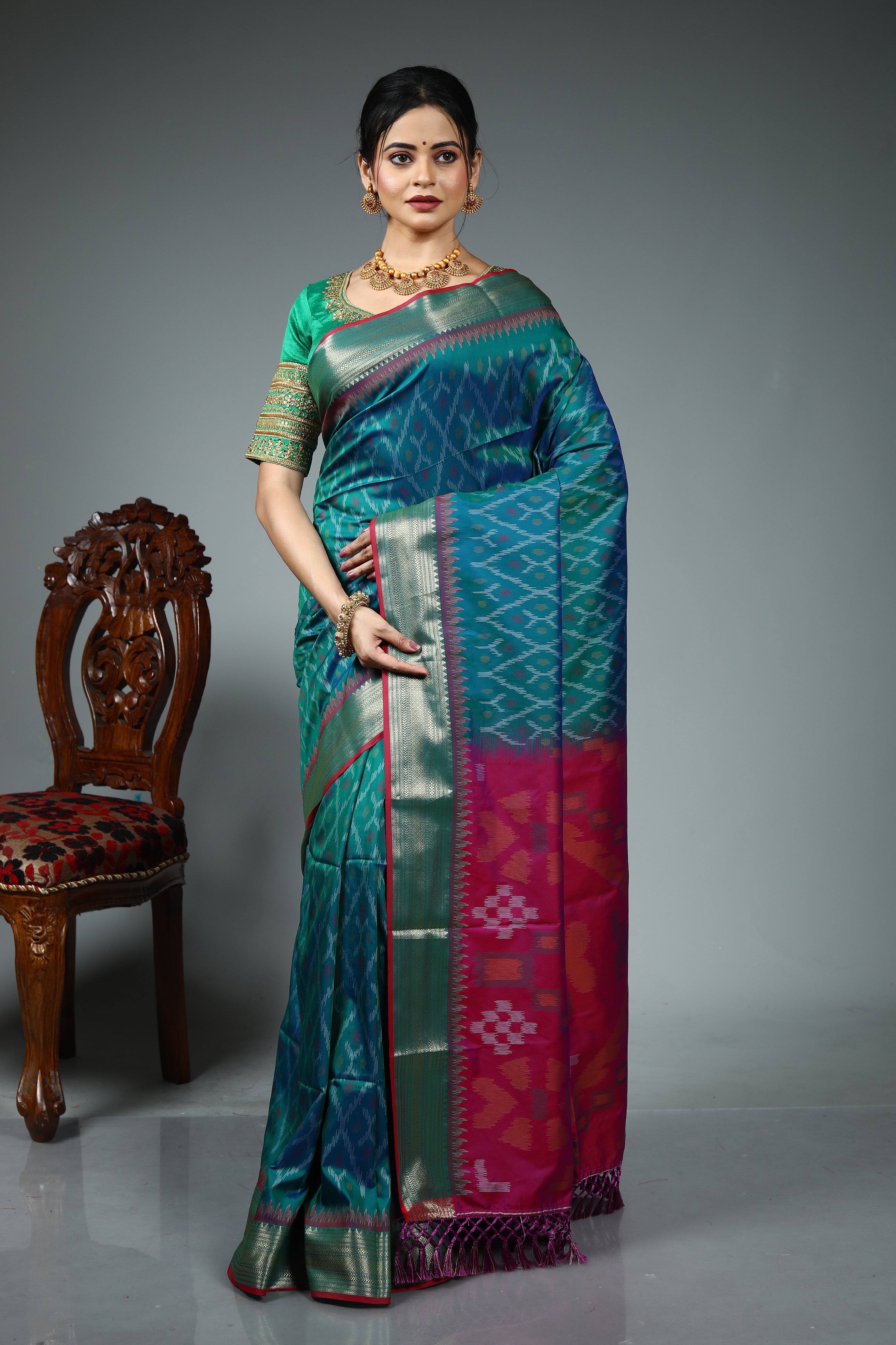 Dual Tone Blue Blended Ikkat Silk Saree