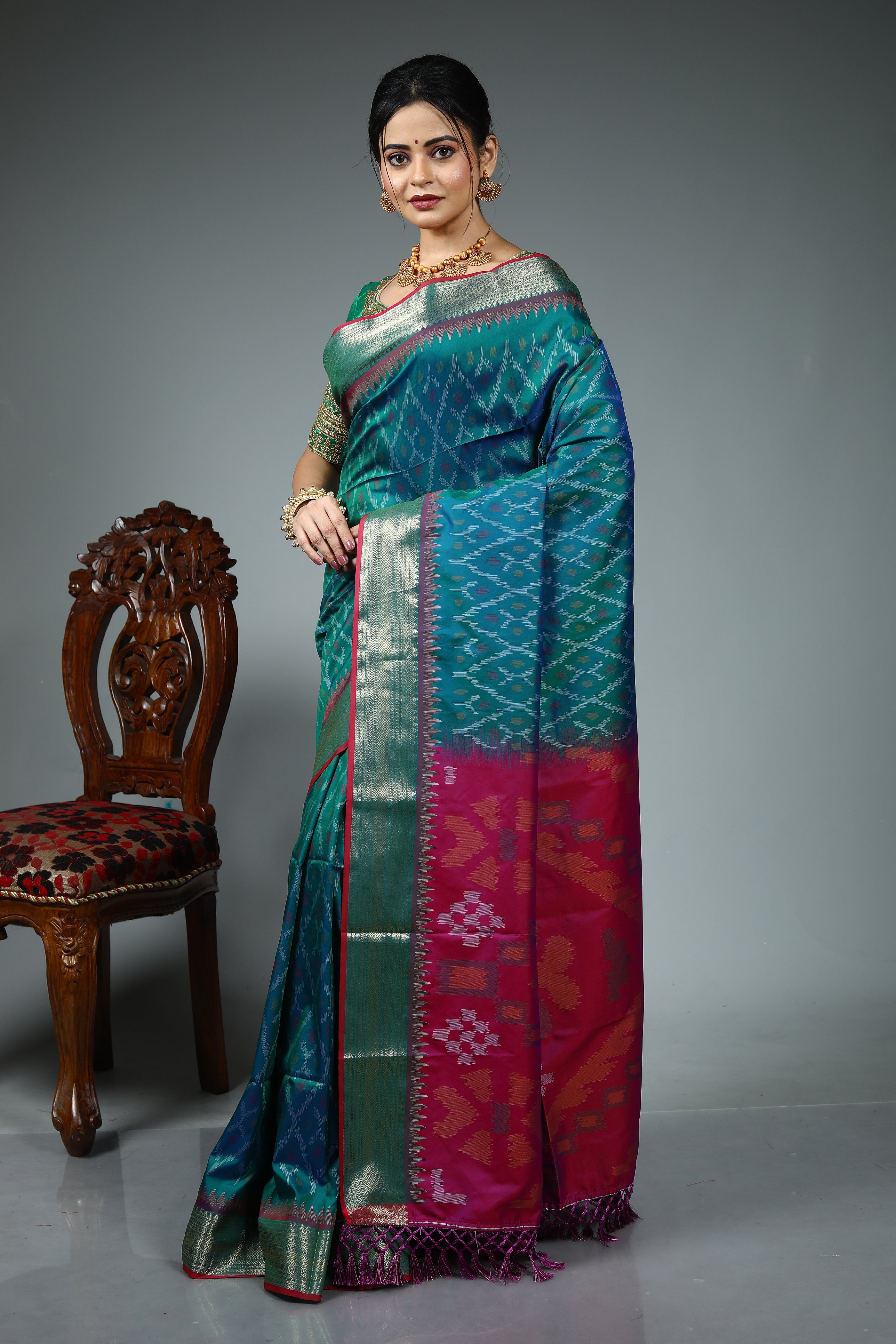 Dual Tone Blue Blended Ikkat Silk Saree