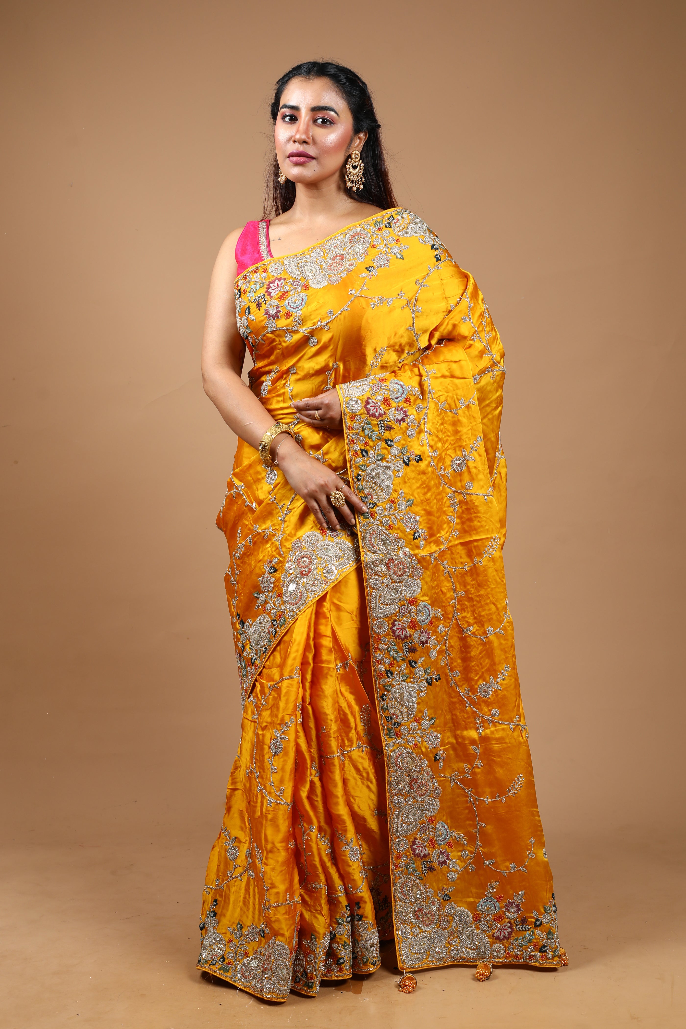 Designer Yellow Satin Silk Saree