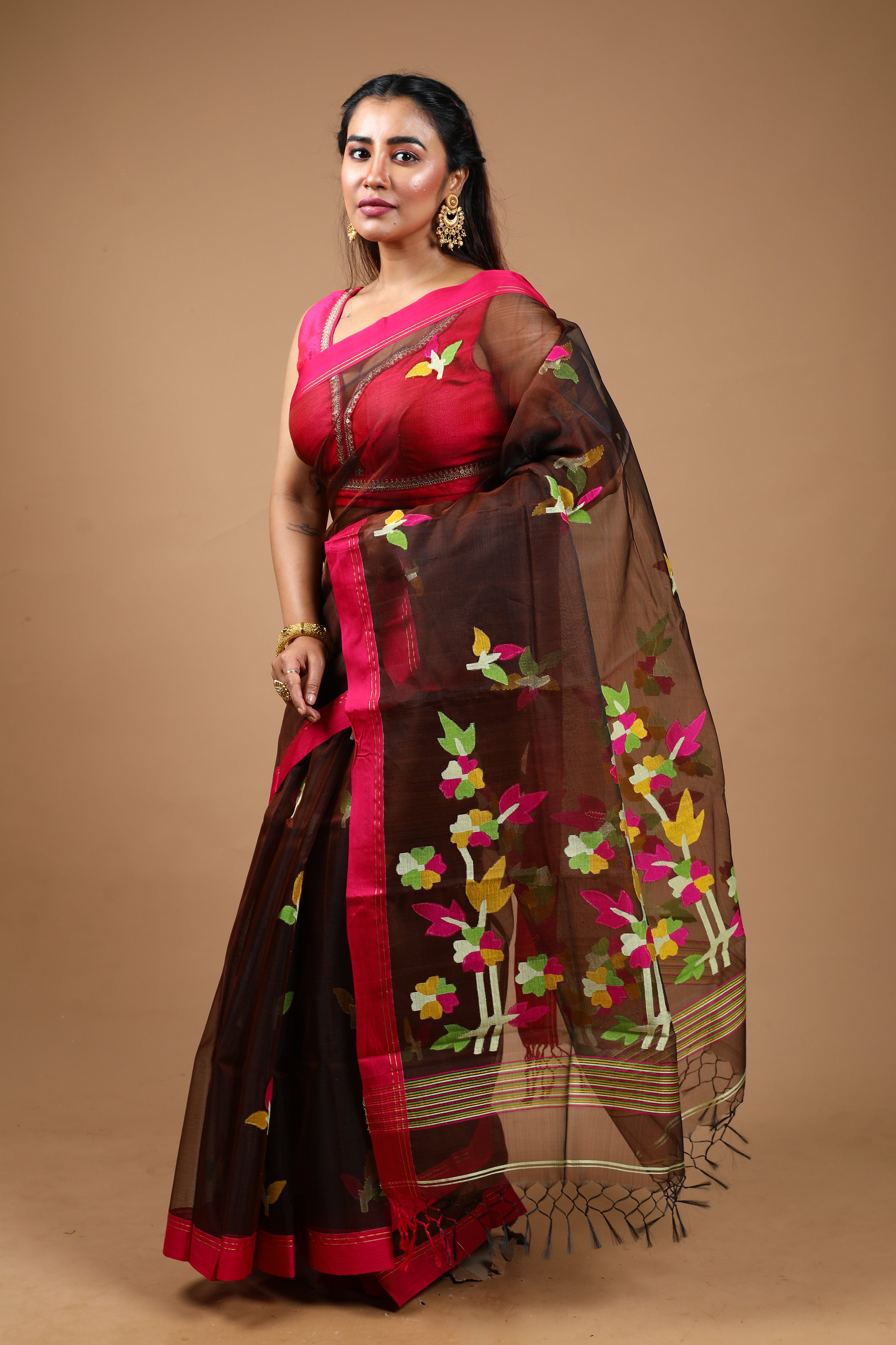 Brown Pure Muslin Saree