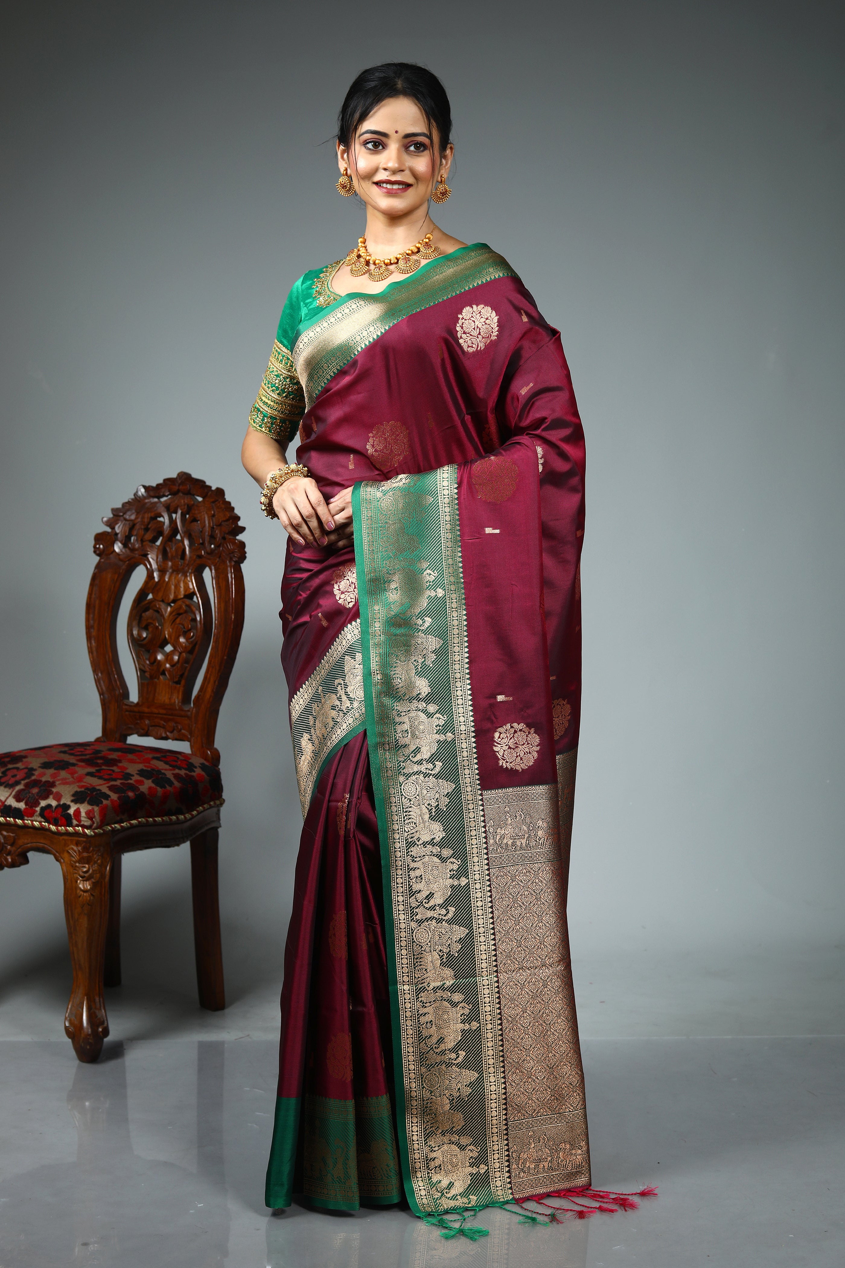 Wine Blended Katan Silk Saree