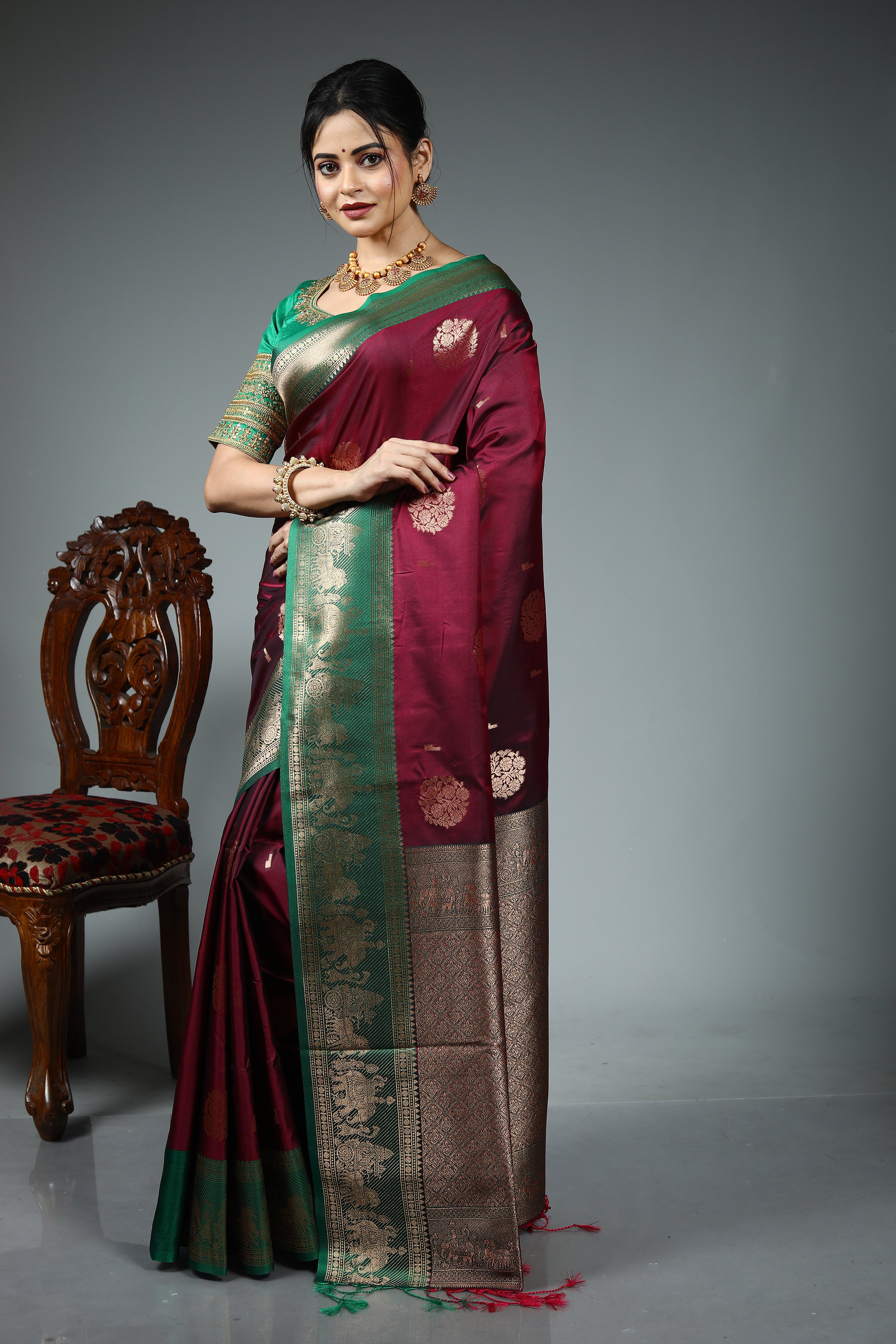 Wine Blended Katan Silk Saree