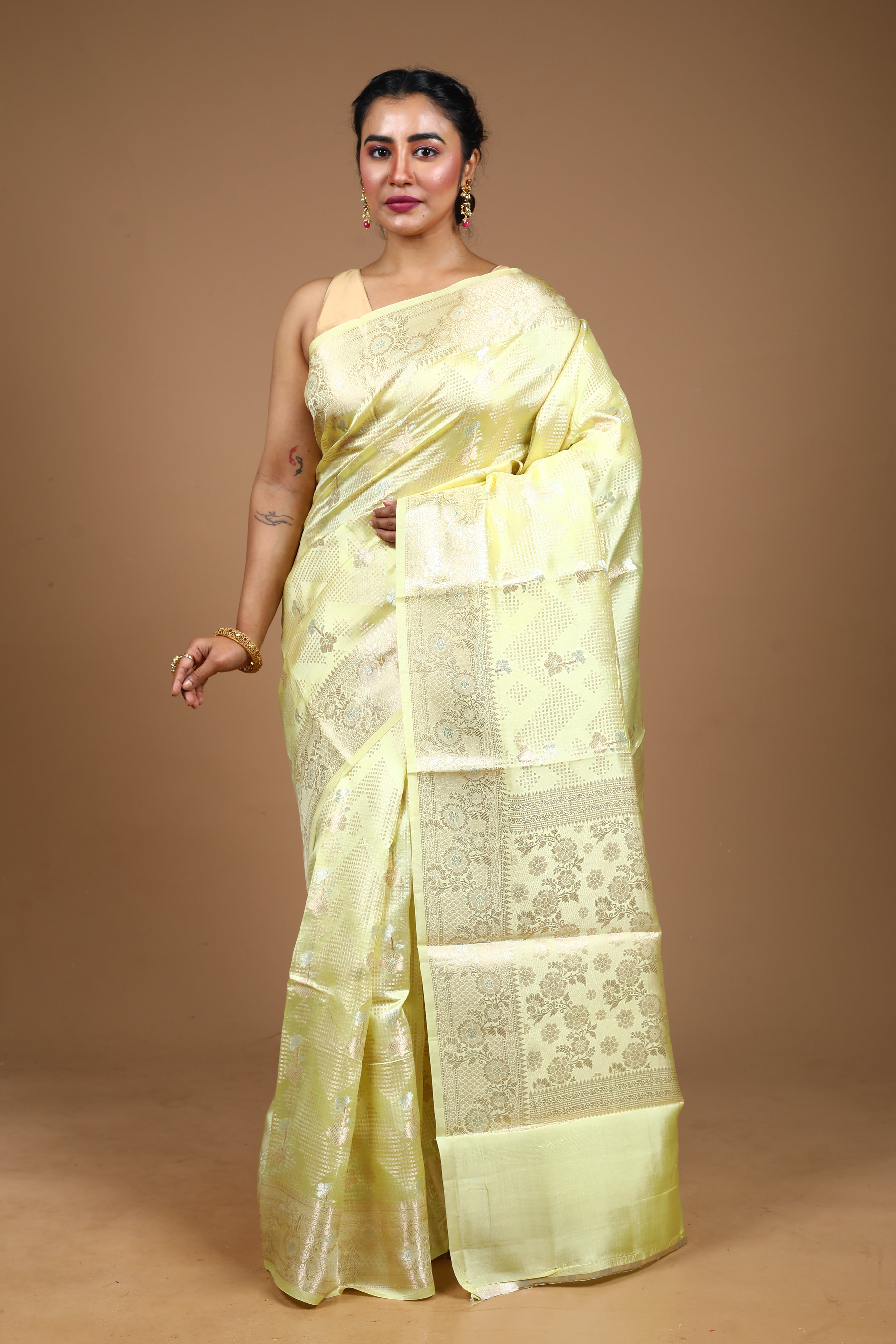 Designer Lemon Yellow Tussar Saree