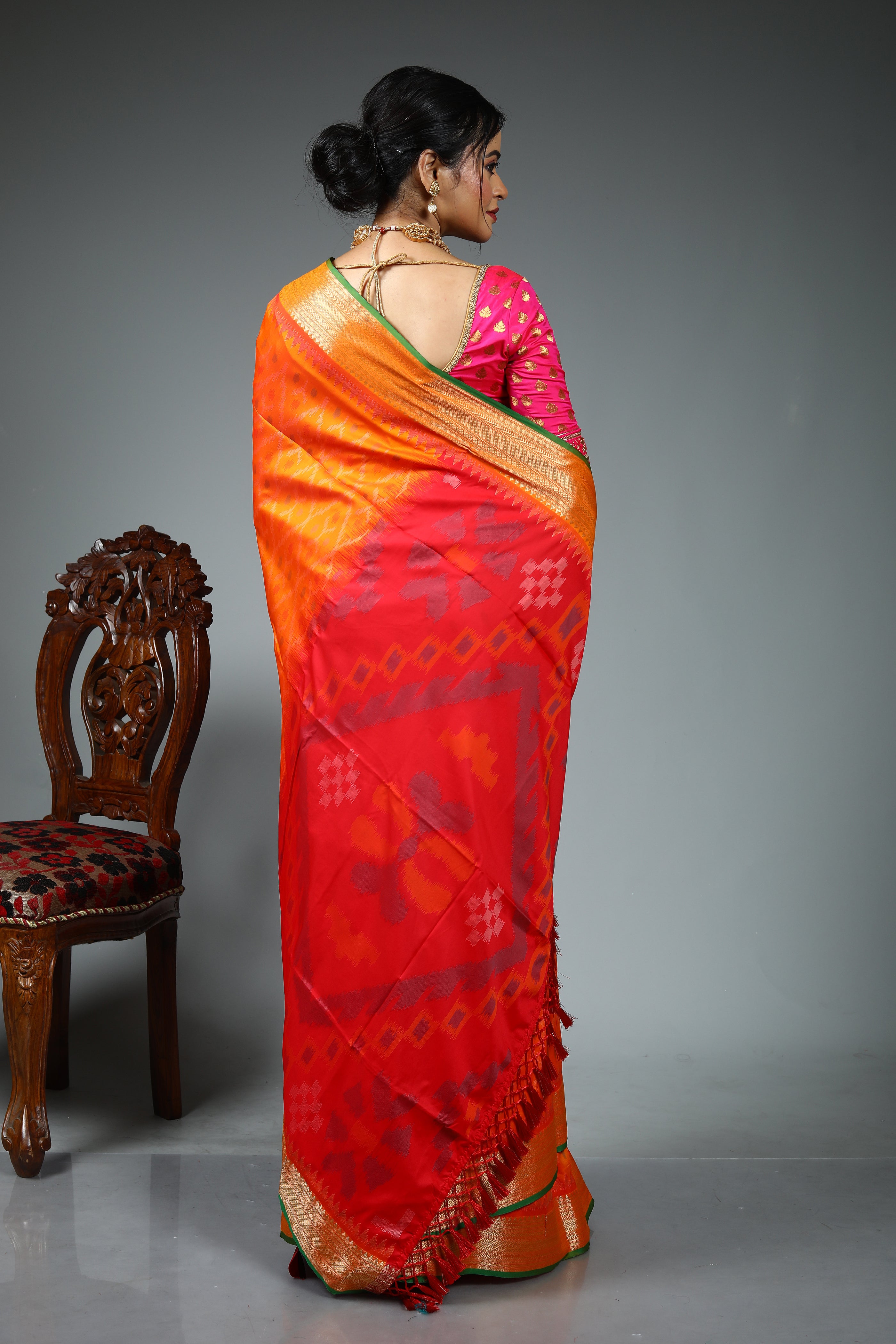 Orange Blended Ikkat Silk Saree