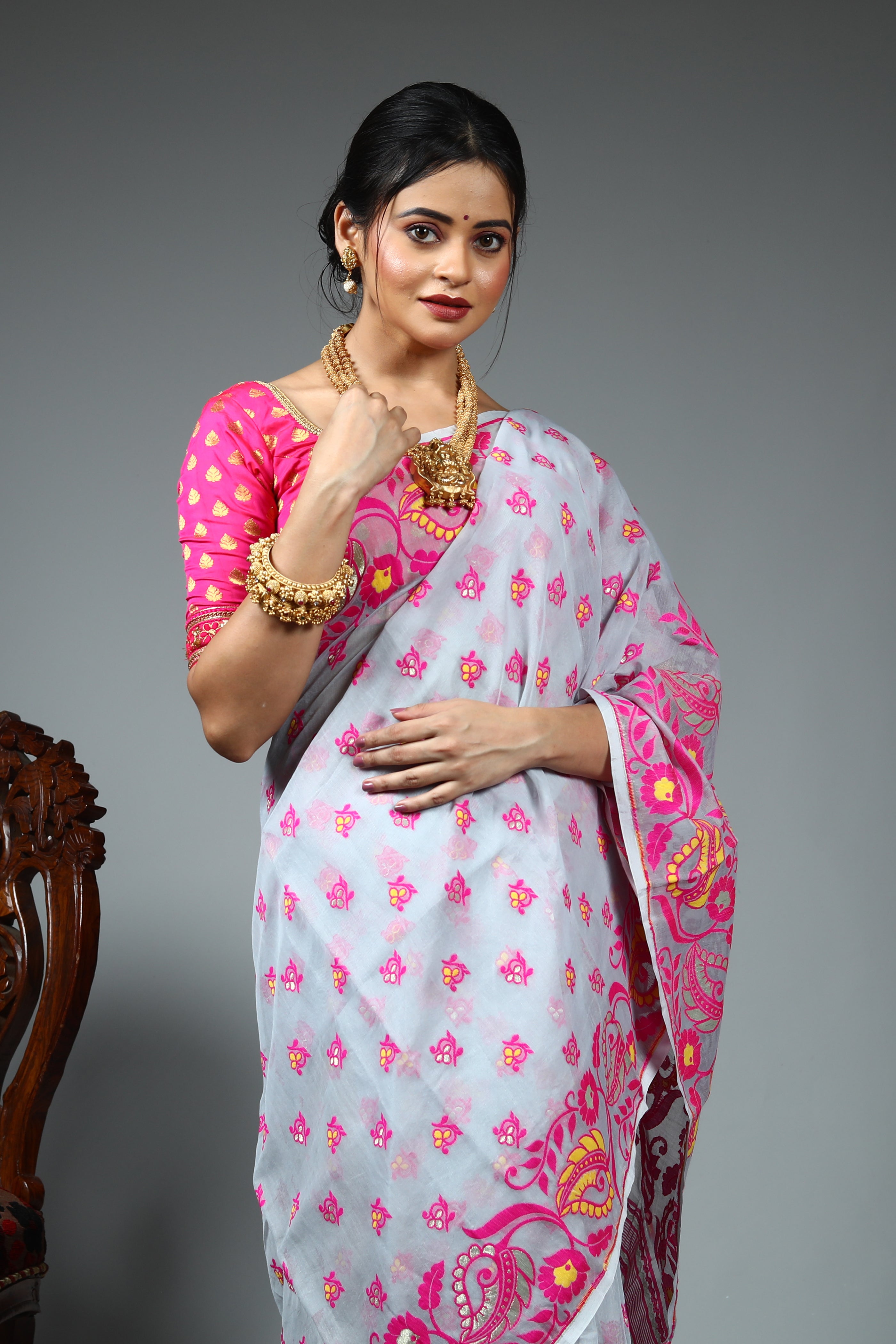 Grey Blended Jamdani Saree