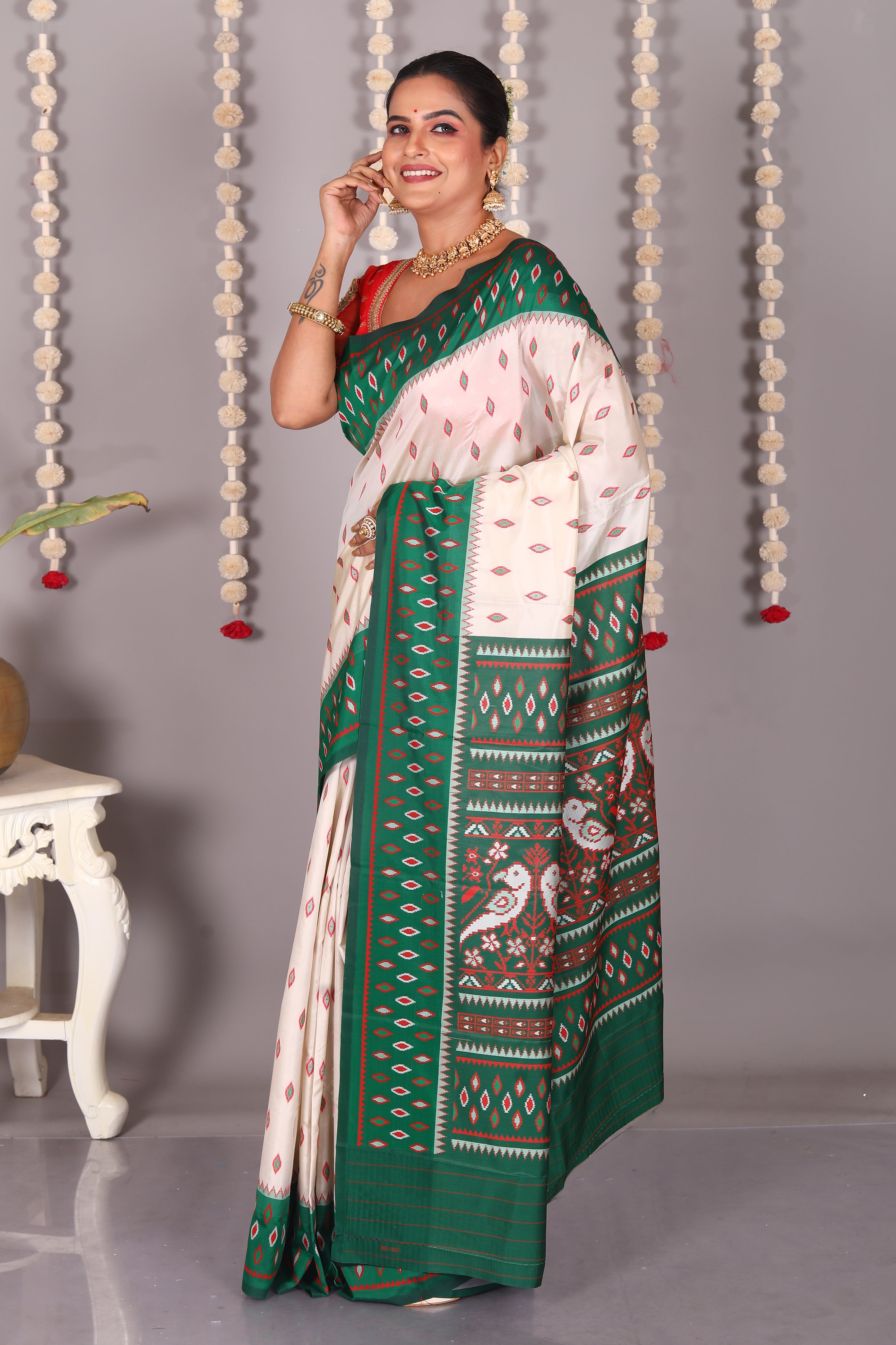 White Blended Ikkat Silk Saree - Keya Seth Exclusive