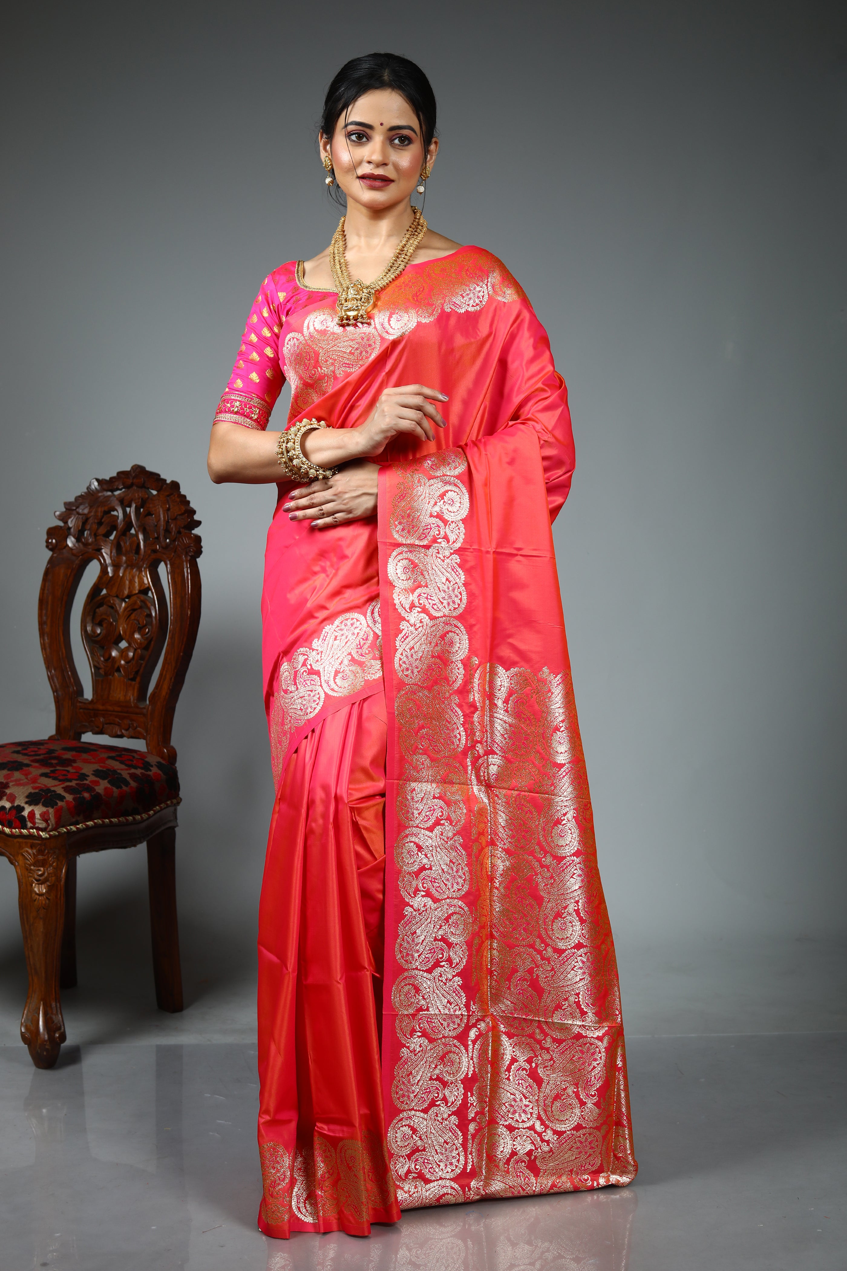 Peach Blended Satin Silk Saree