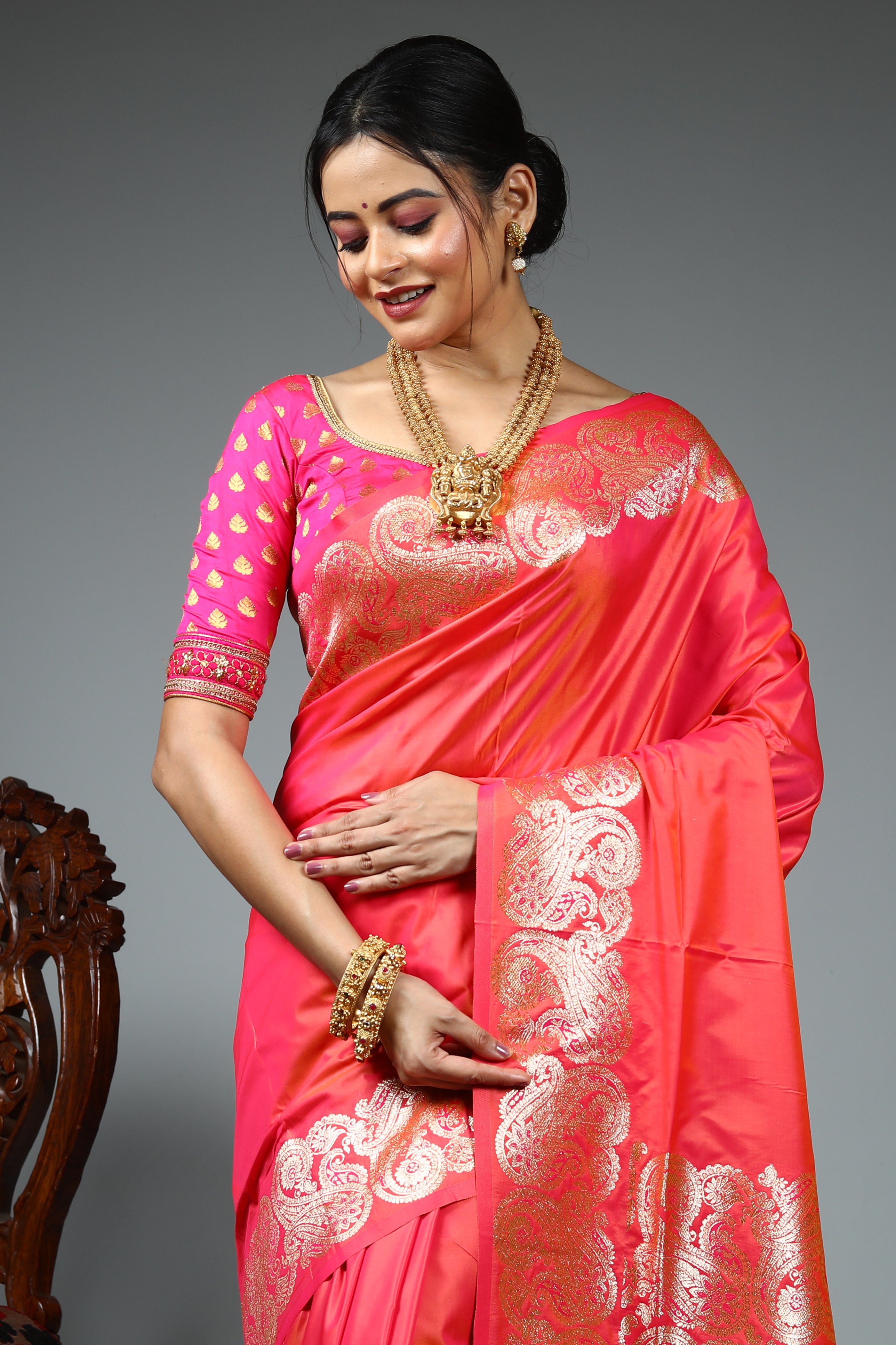 Peach Blended Satin Silk Saree