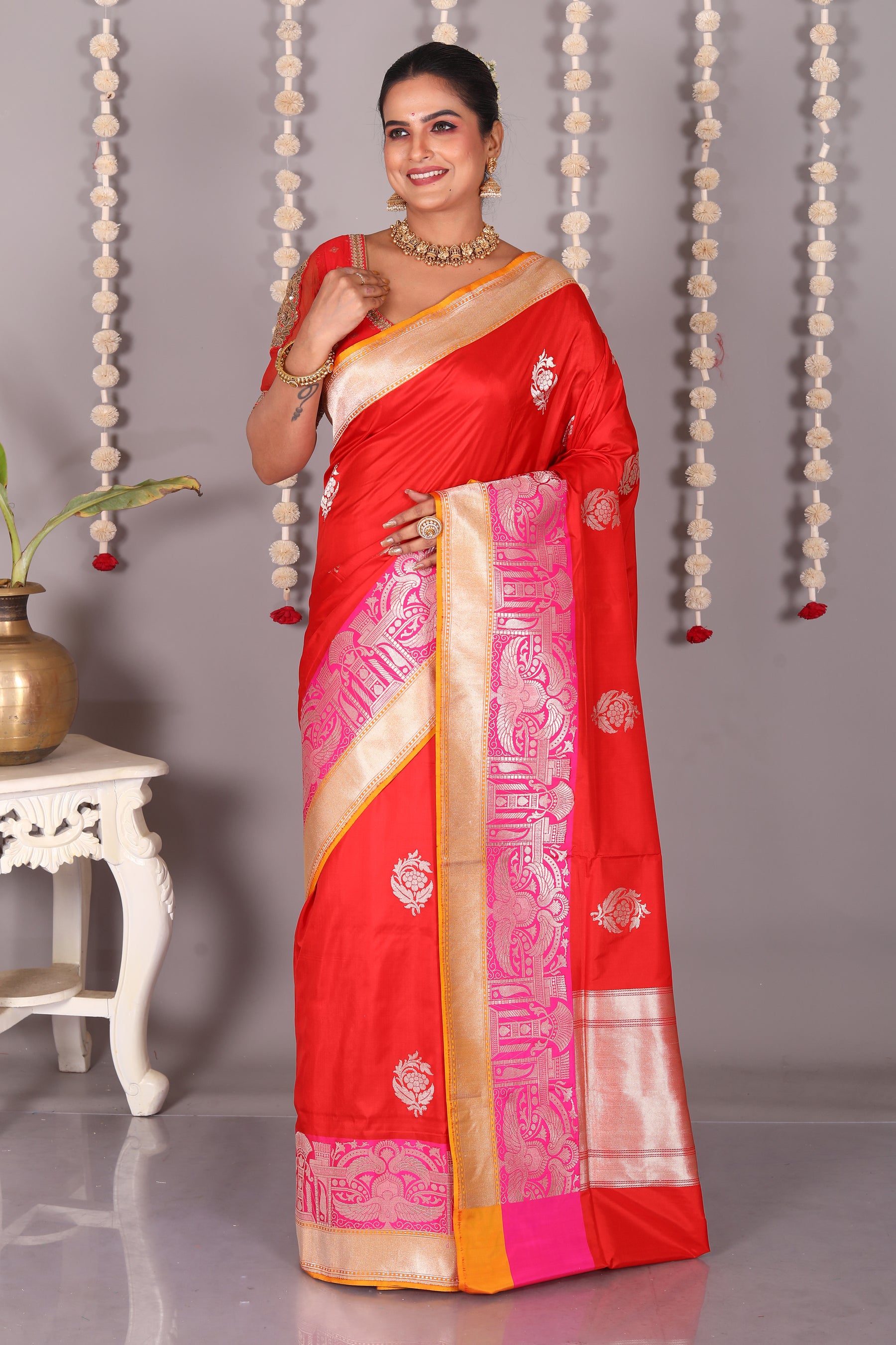 Bright Red Pure Katan Saree - Keya Seth Exclusive