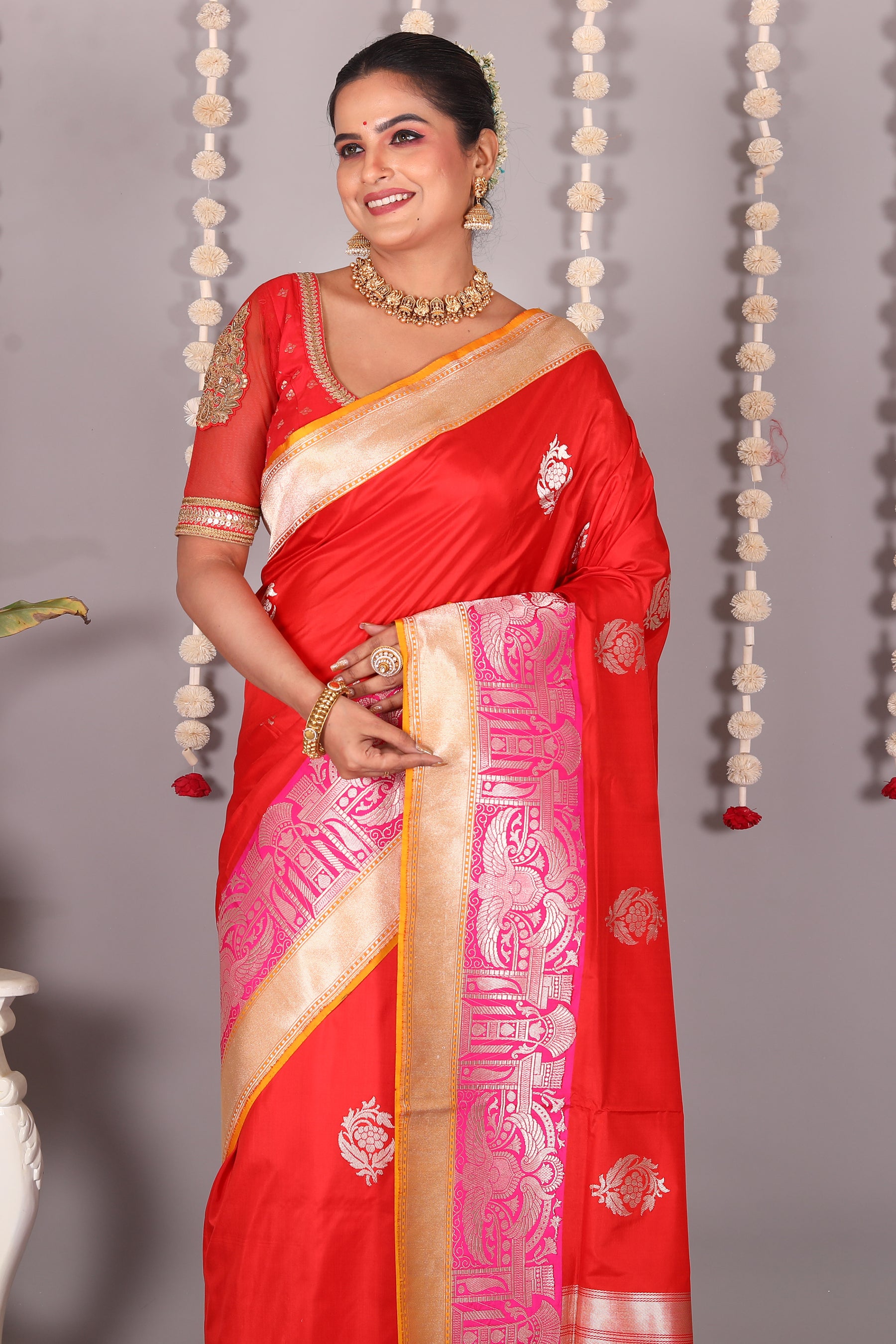 Bright Red Pure Katan Saree - Keya Seth Exclusive