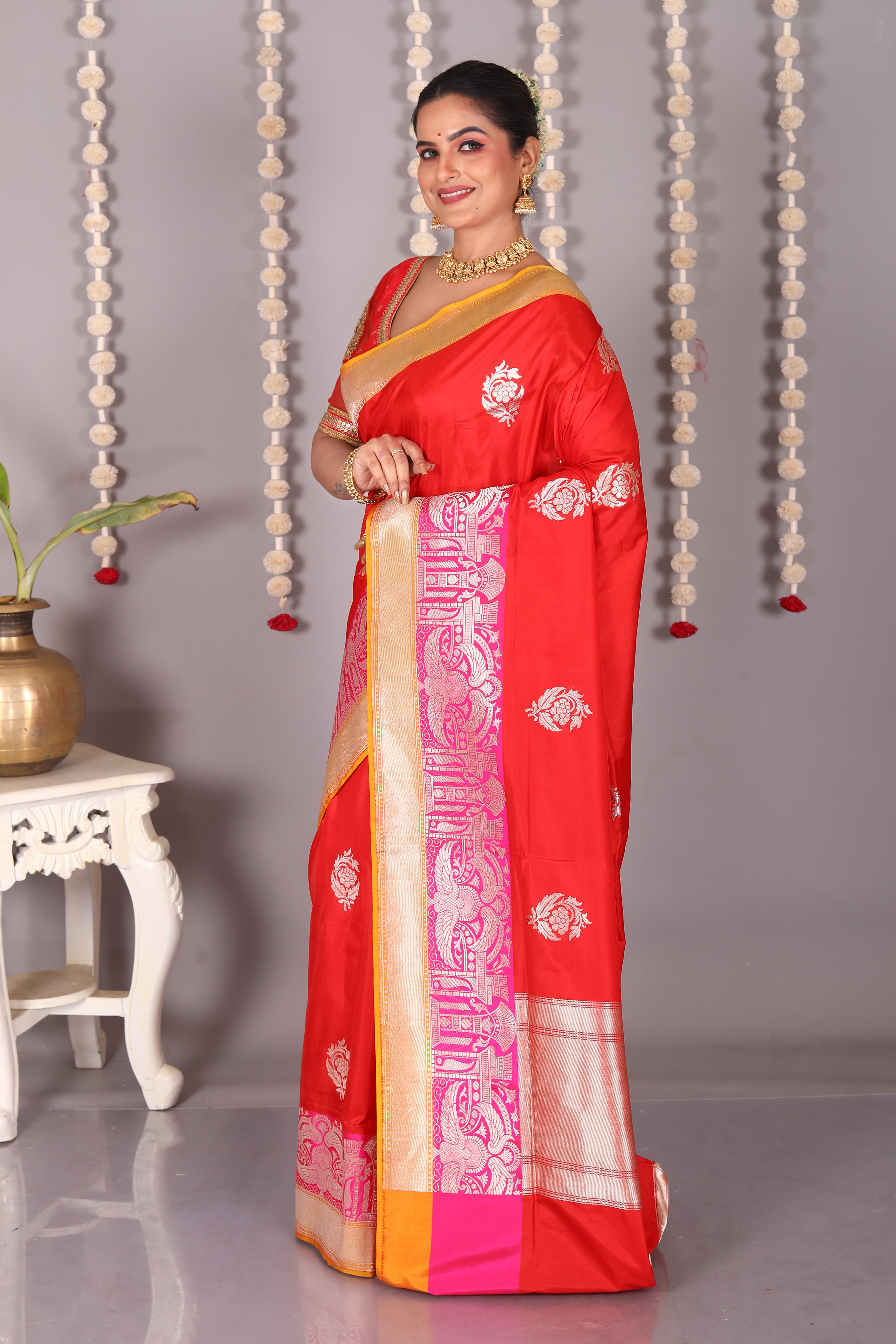 Bright Red Pure Katan Saree - Keya Seth Exclusive